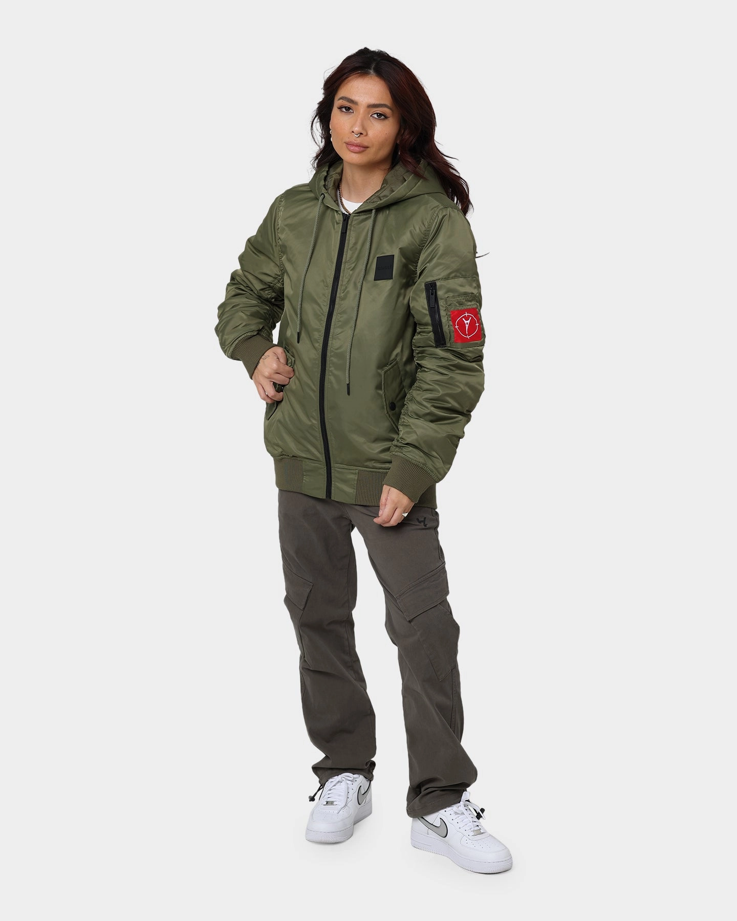 Ventilated Back Carre Ultilitaire Hooded Bomber Jacket Khaki Green