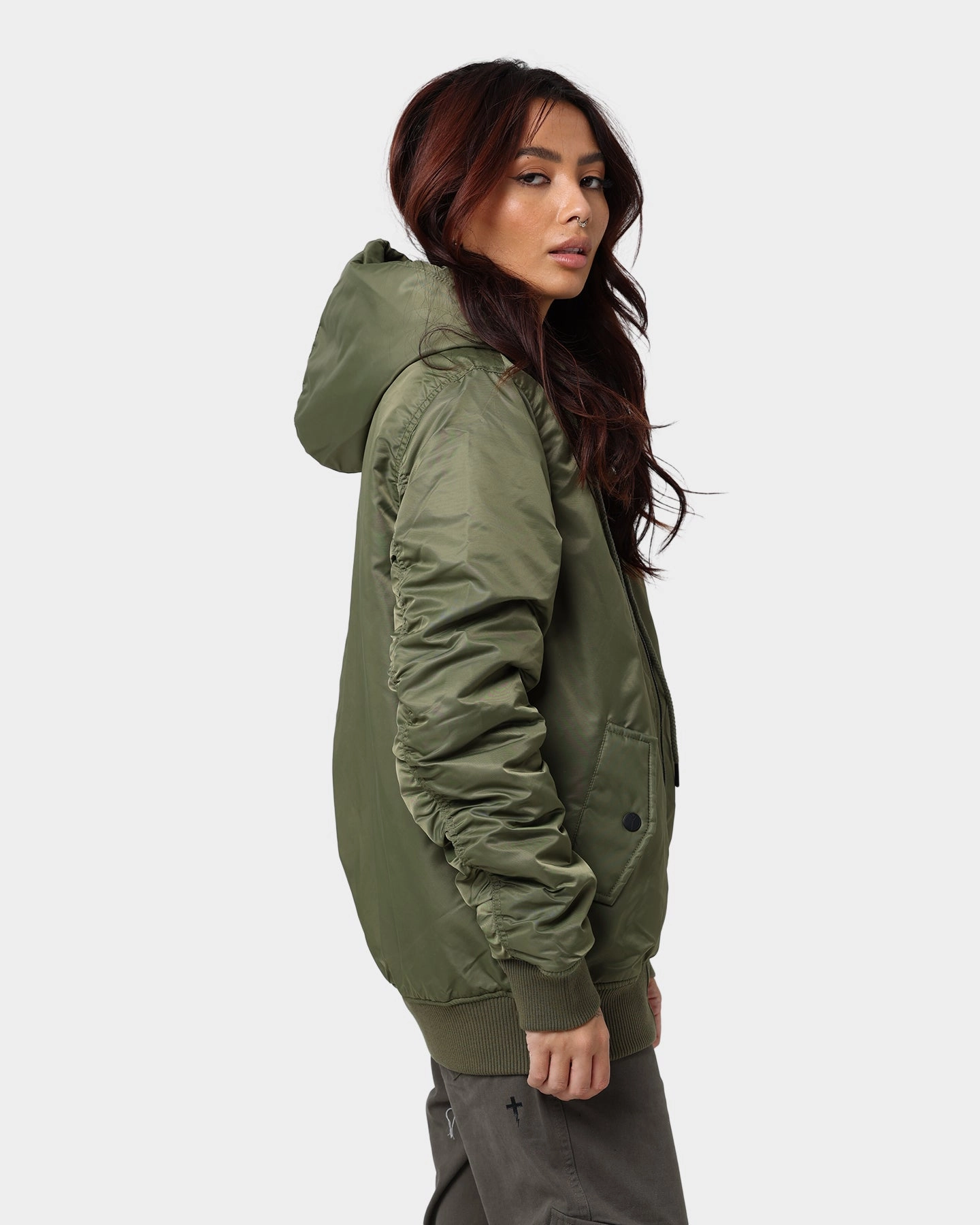 Checkered Carre Ultilitaire Hooded Bomber Jacket Khaki Green
