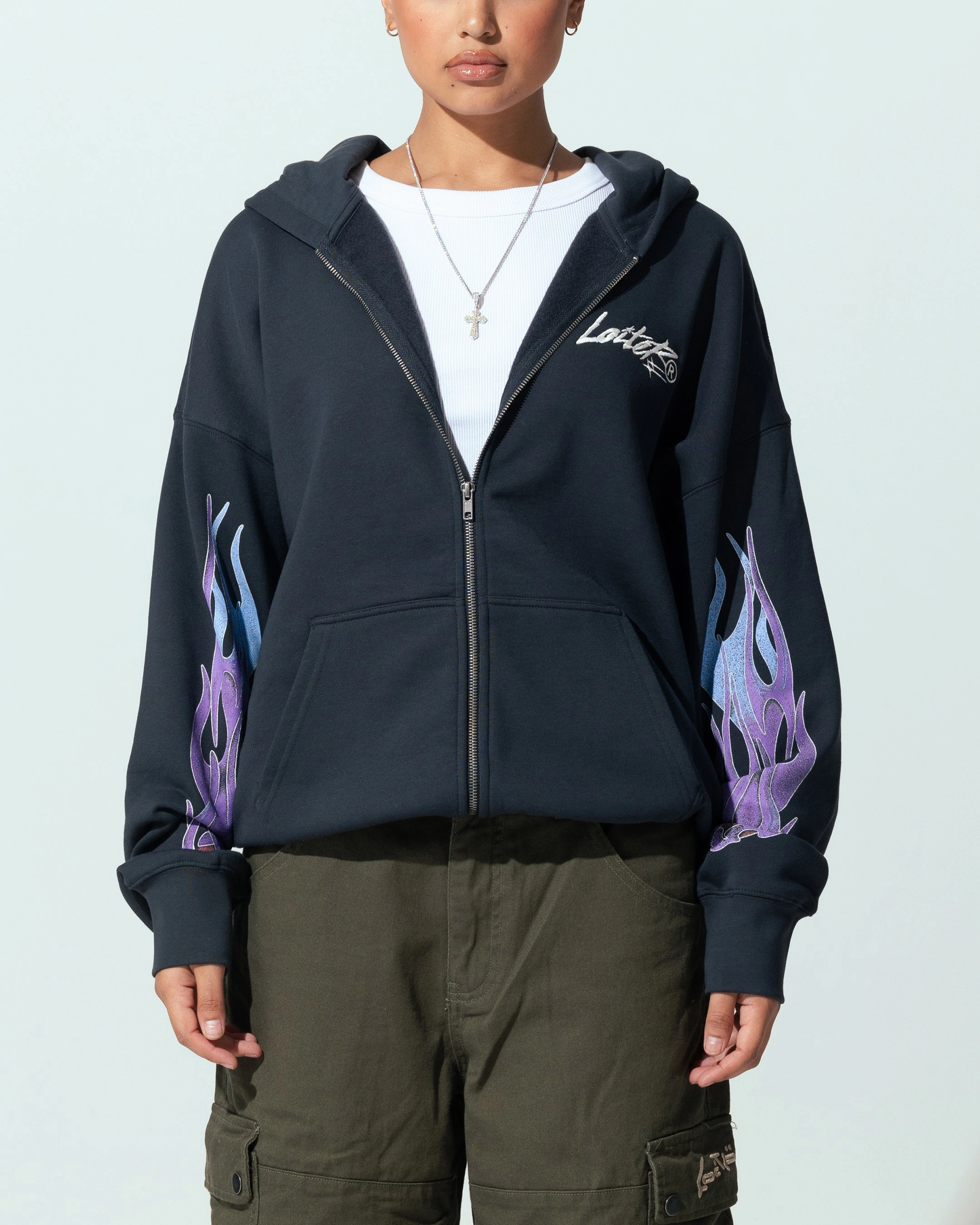 Loiter Motor Zip Hoodie Charcoal Reflective Safety Details Cross Ventilation Channels