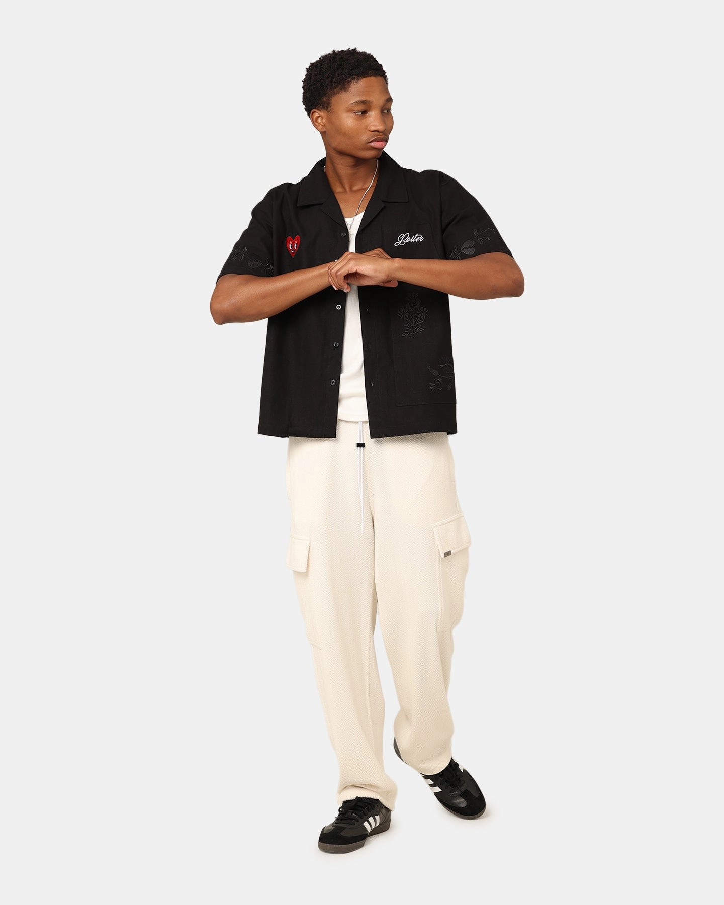 Loiter Oasis Embroidered Button Up Shirt Black Unisex Option