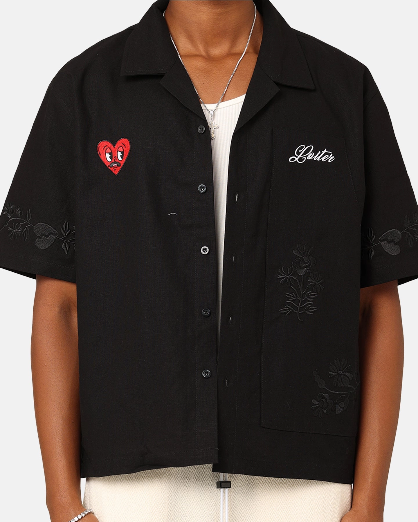 First Date Loiter Oasis Embroidered Button Up Shirt Black