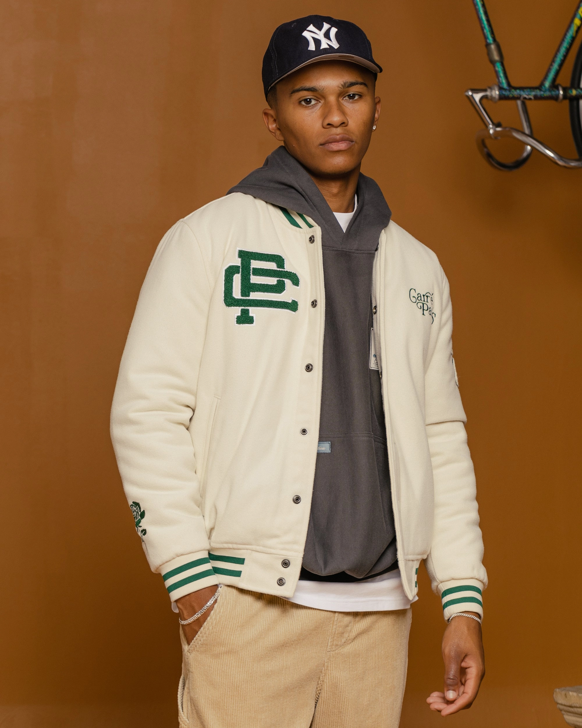 Removable Inner Layer Carre Peace Varsity Jacket Off White/Green