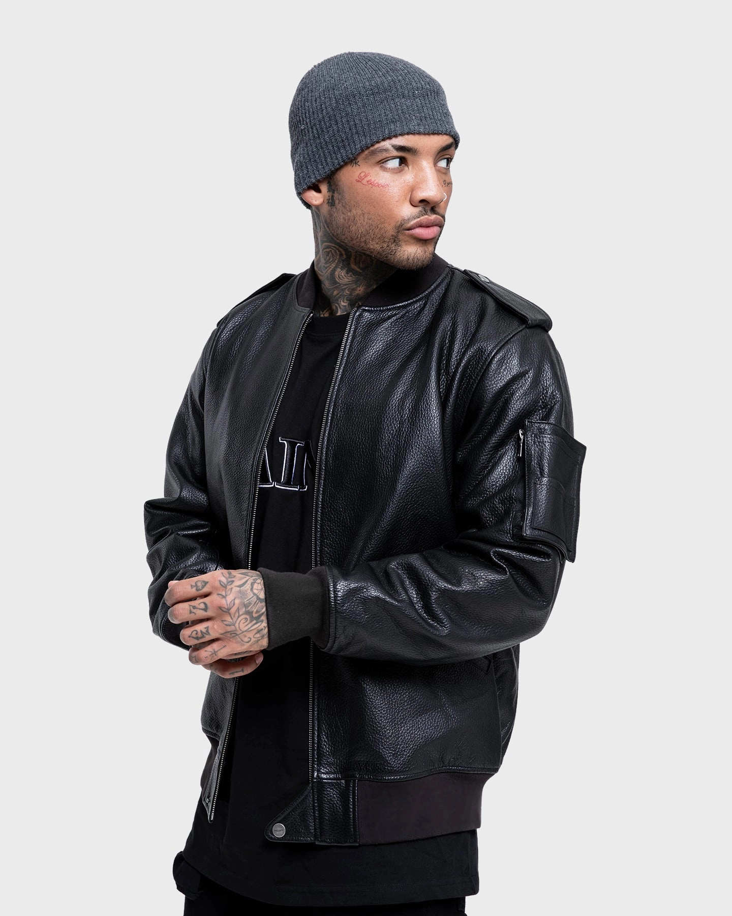 Lose Packable Construction Saint Morta Staten Leather Bomber Jacket Black