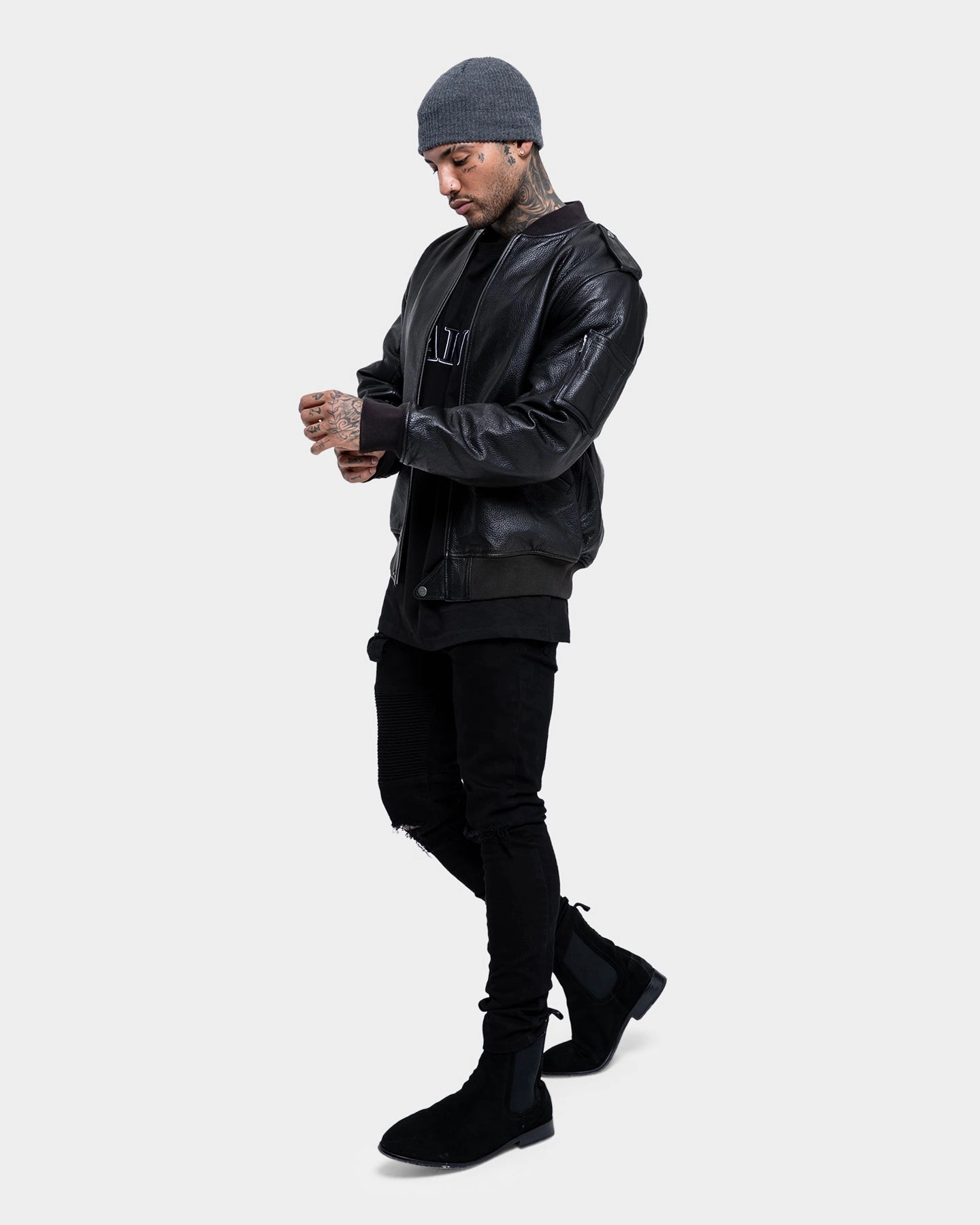 Relaxed Layer Saint Morta Staten Leather Bomber Jacket Black