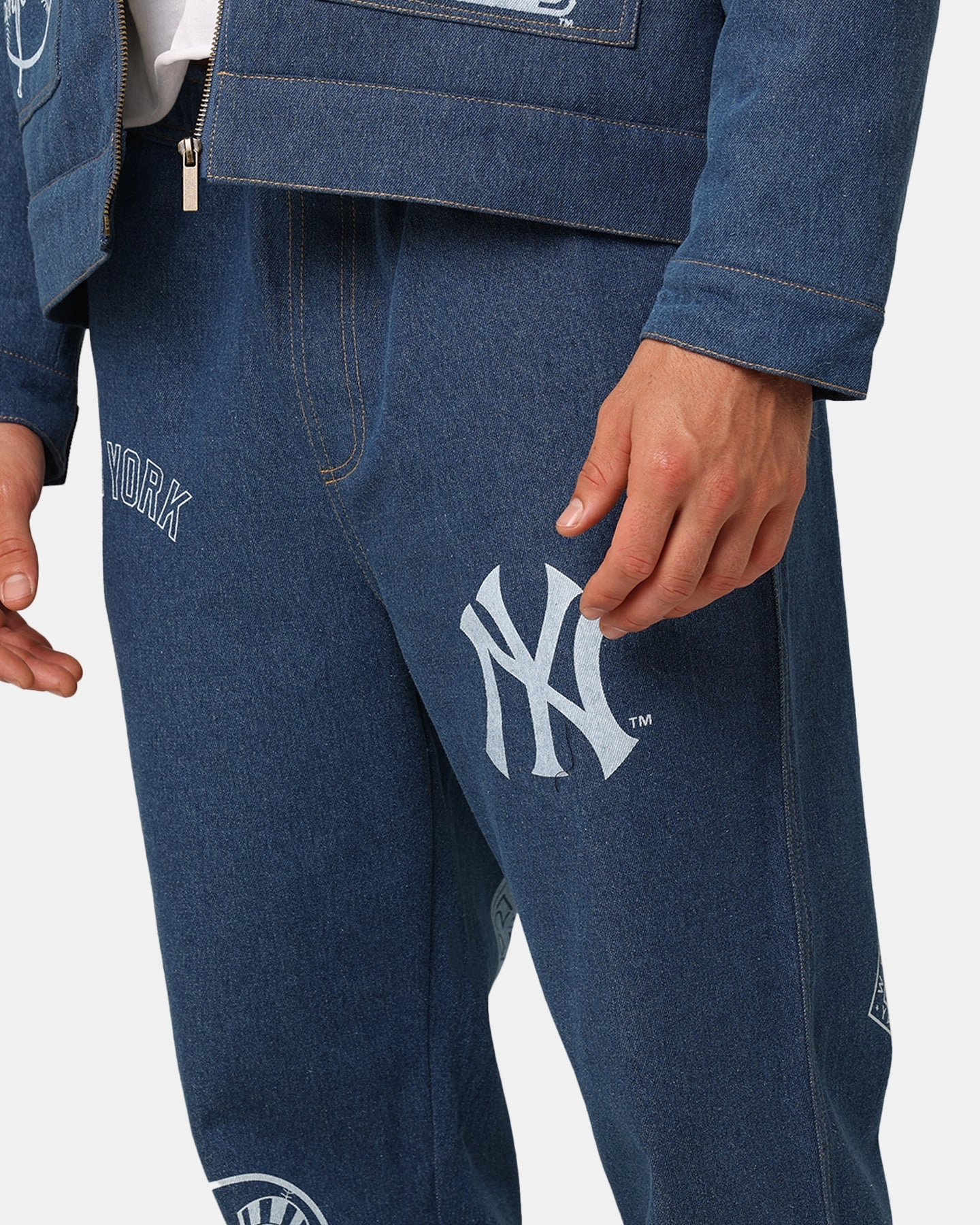 Majestic Athletic New York Yankees Etched Denim Jeans Washed Blue Denim Shopping Day Adult Fashion Athlete Fit Premium Elegant