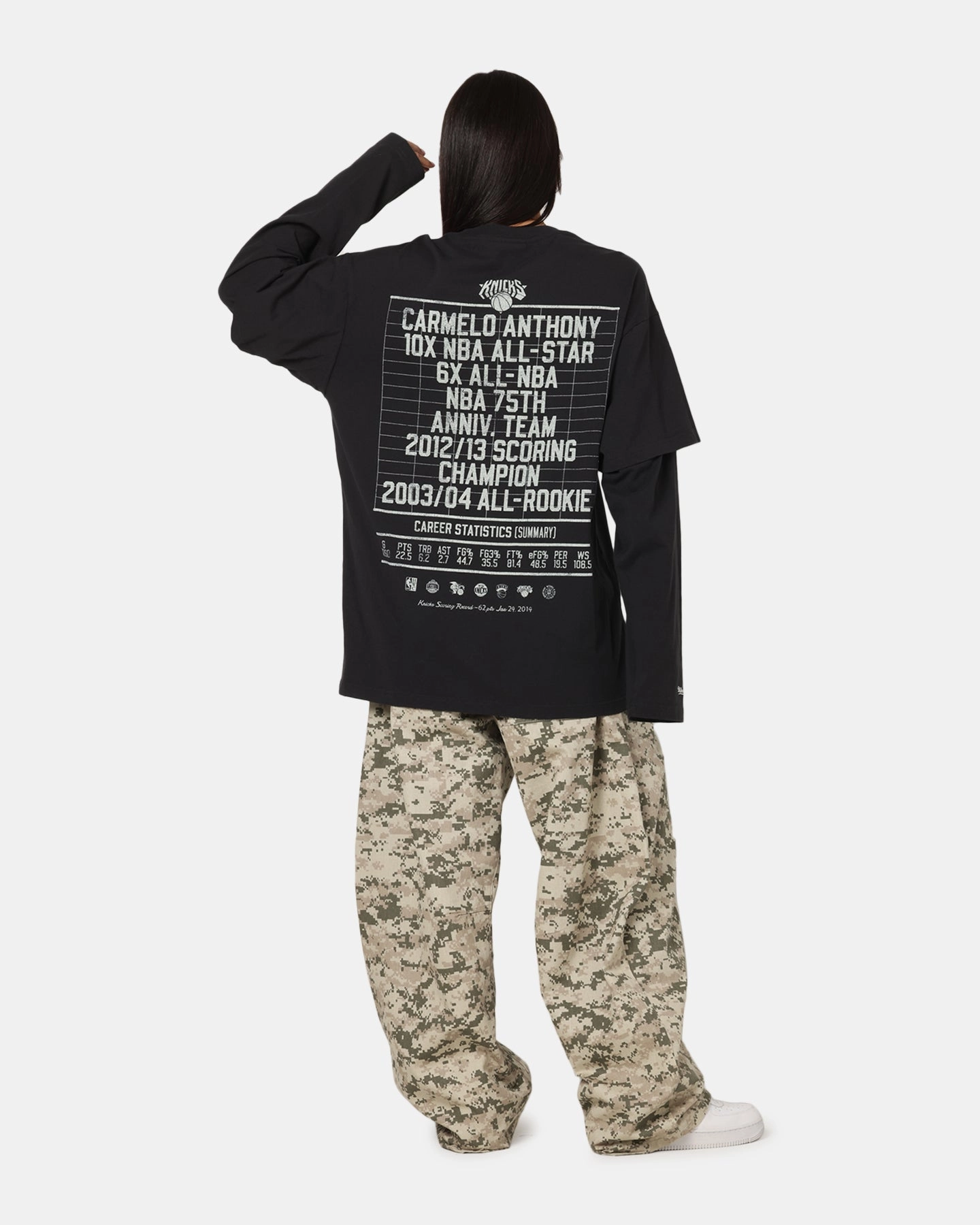 Mitchell & Ness New York Knicks Melo State Of Mind Long Sleeve T-Shirt Faded Black Casual Comfort Layer Cozy Vibes