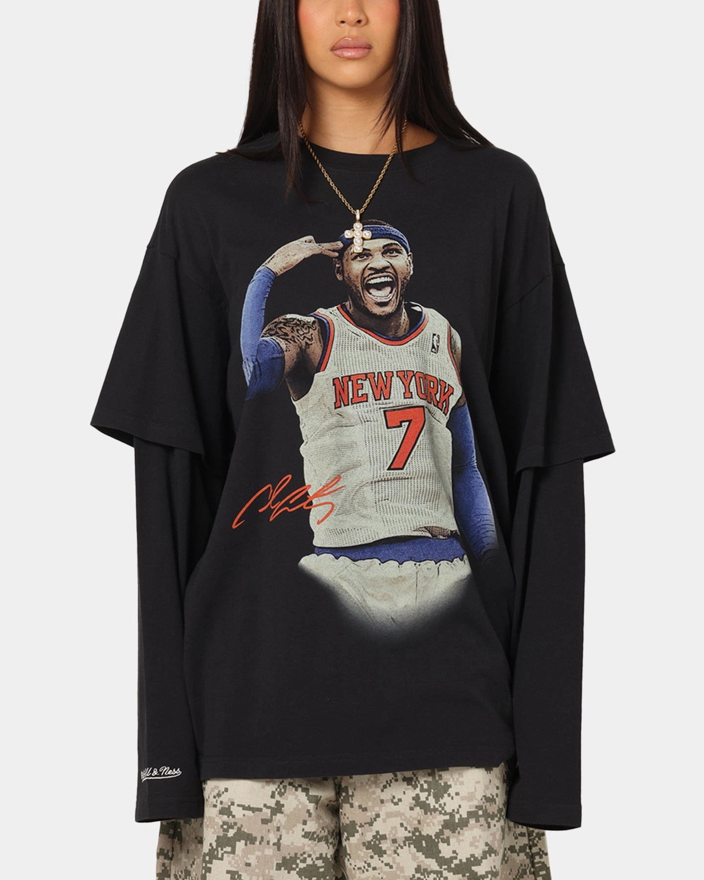 Linen blend Mitchell & Ness New York Knicks Melo State Of Mind Long Sleeve T-Shirt Faded Black