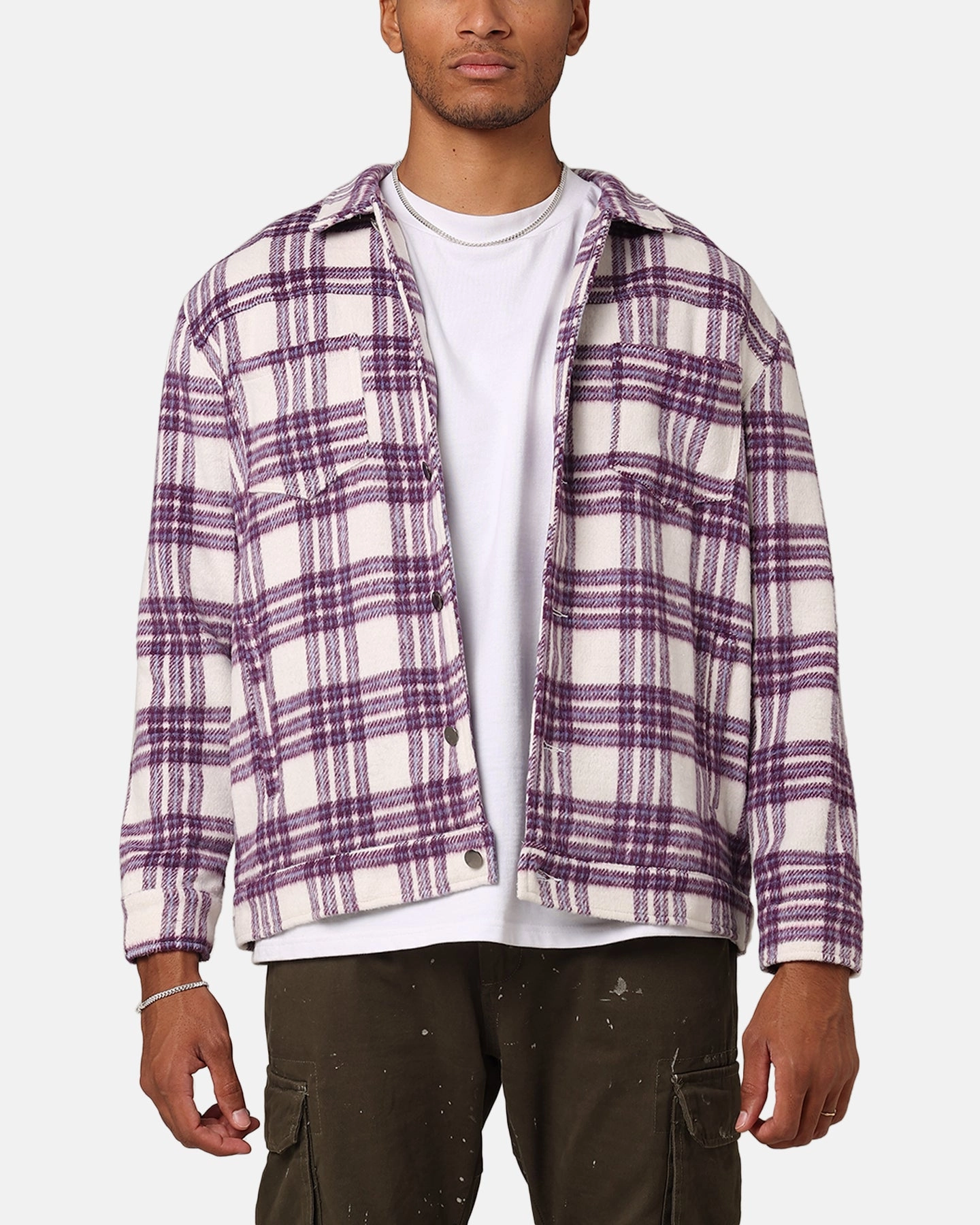 XXIII Darby Plaid Shacket Purple/White Notice