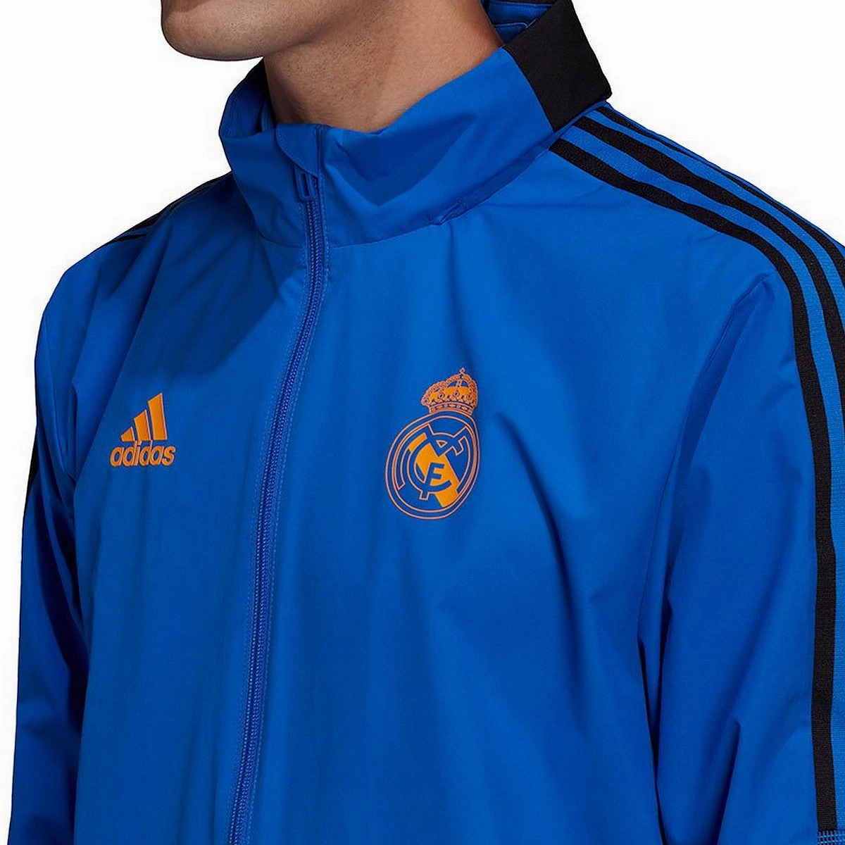 HighVisibility Trims Real Madrid soccer blue training rain jacket 2022 - Adidas