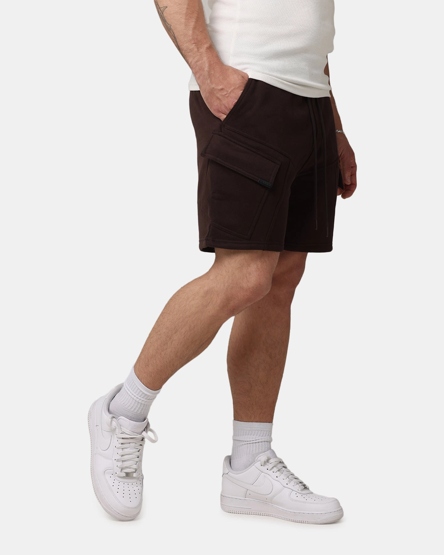 Saint Morta Worldwide Sweat Cargo Shorts Dark Brown media industry