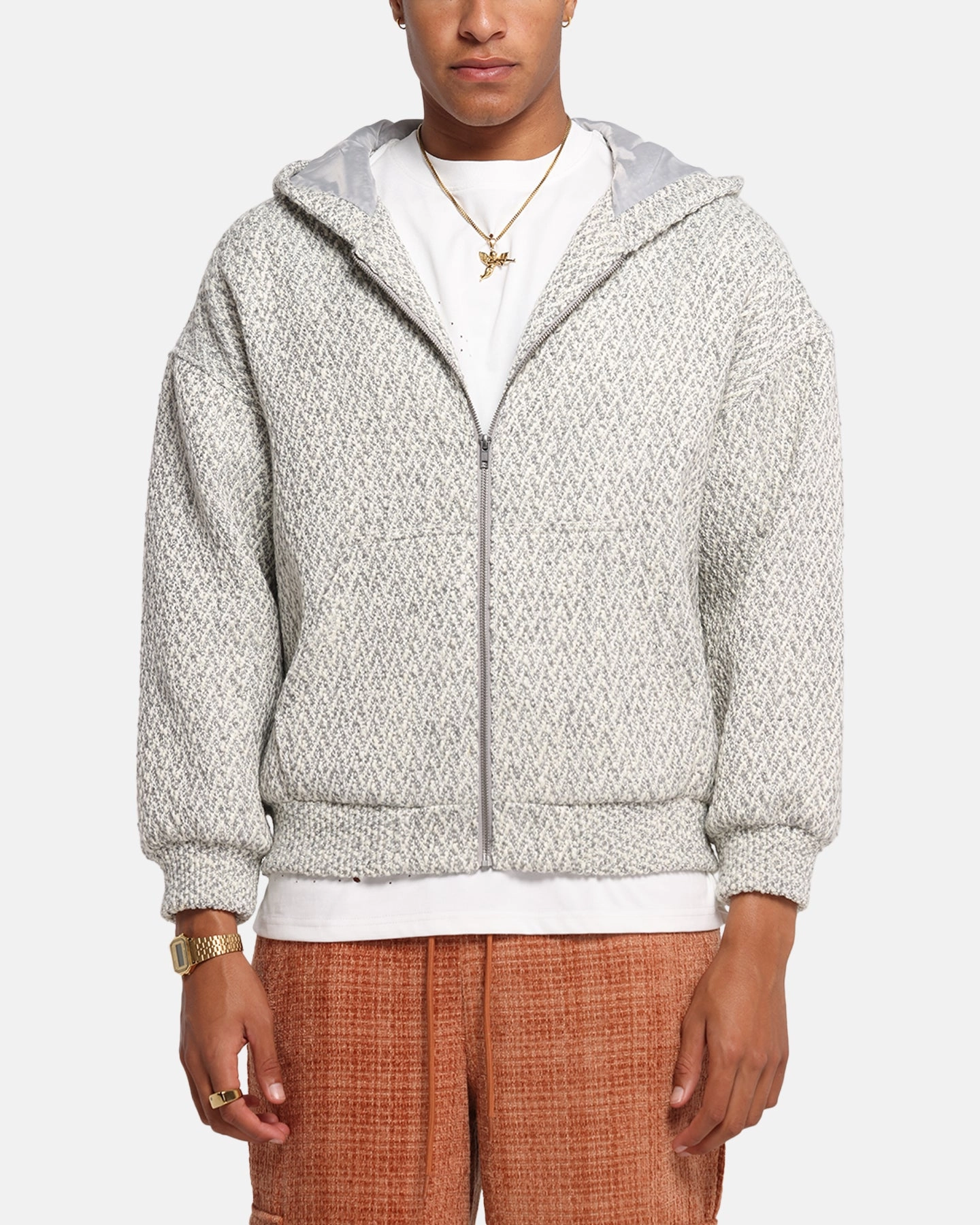 Date Night Casual Warm Insulation XXIII Boucle Tweed Zip Hoodie Grey Marle