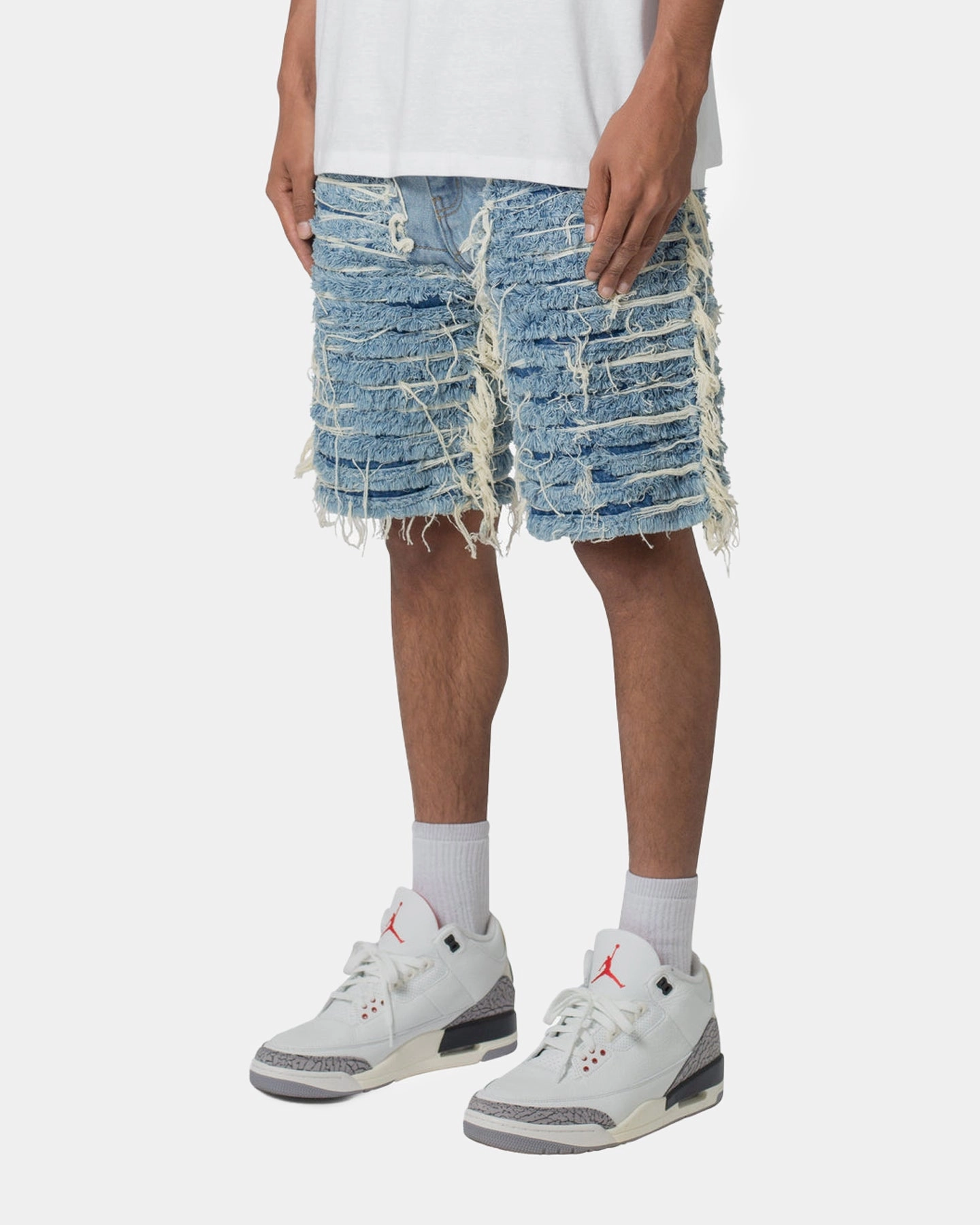 MNML All Over Frayed Denim Shorts Blue tumble dry Soft Elastic