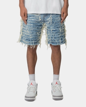 MNML All Over Frayed Denim Shorts Blue Beach essential Teflon Coated Finish