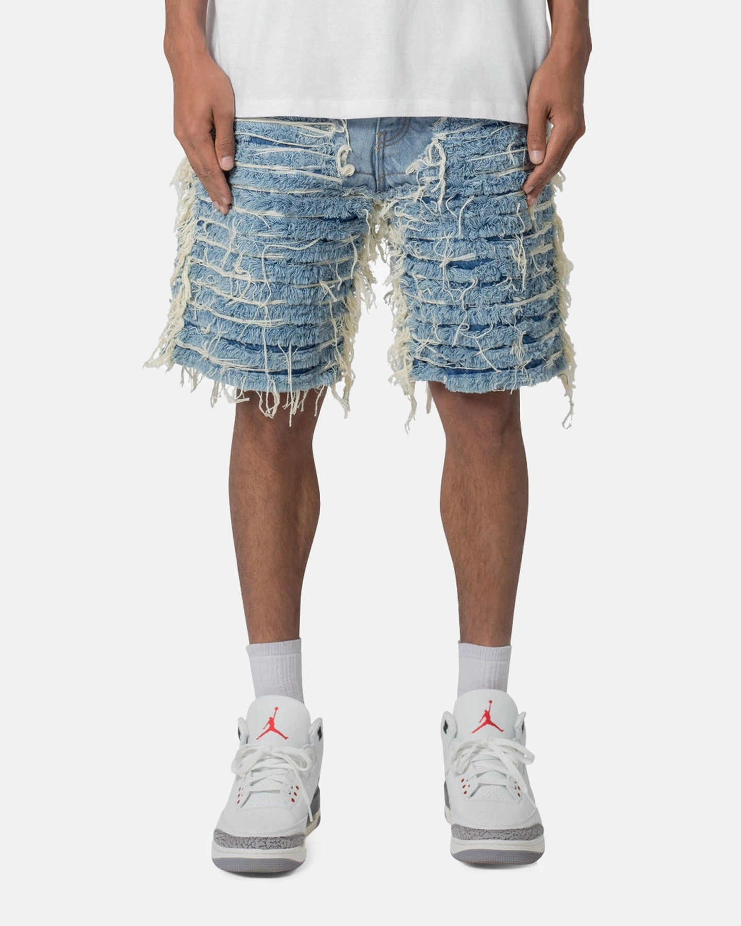 MNML All Over Frayed Denim Shorts Blue Beach essential Teflon Coated Finish