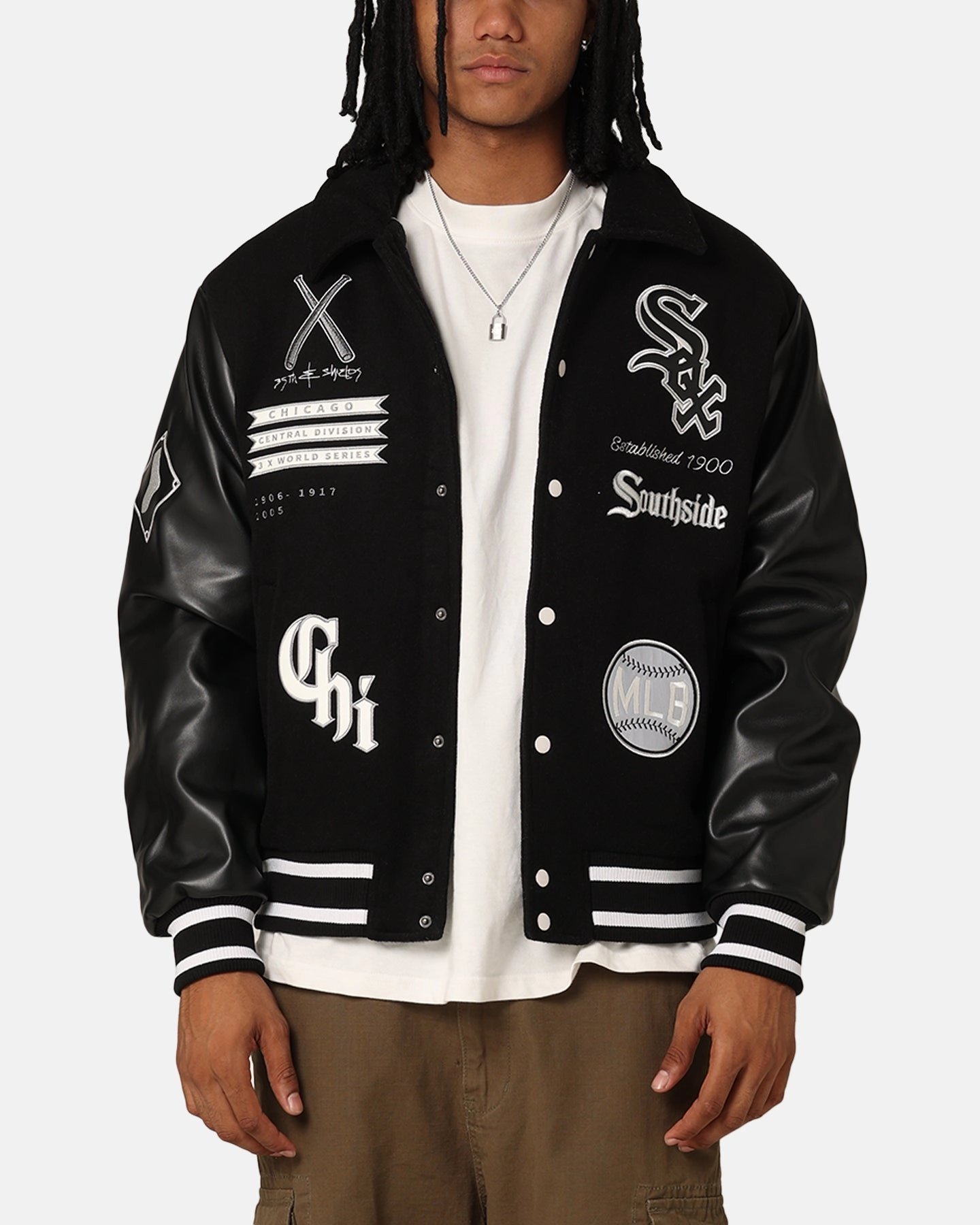 Majestic Athletic Chicago White Sox City PU Melton Letterman Jacket Faded Black suitable for charity events
