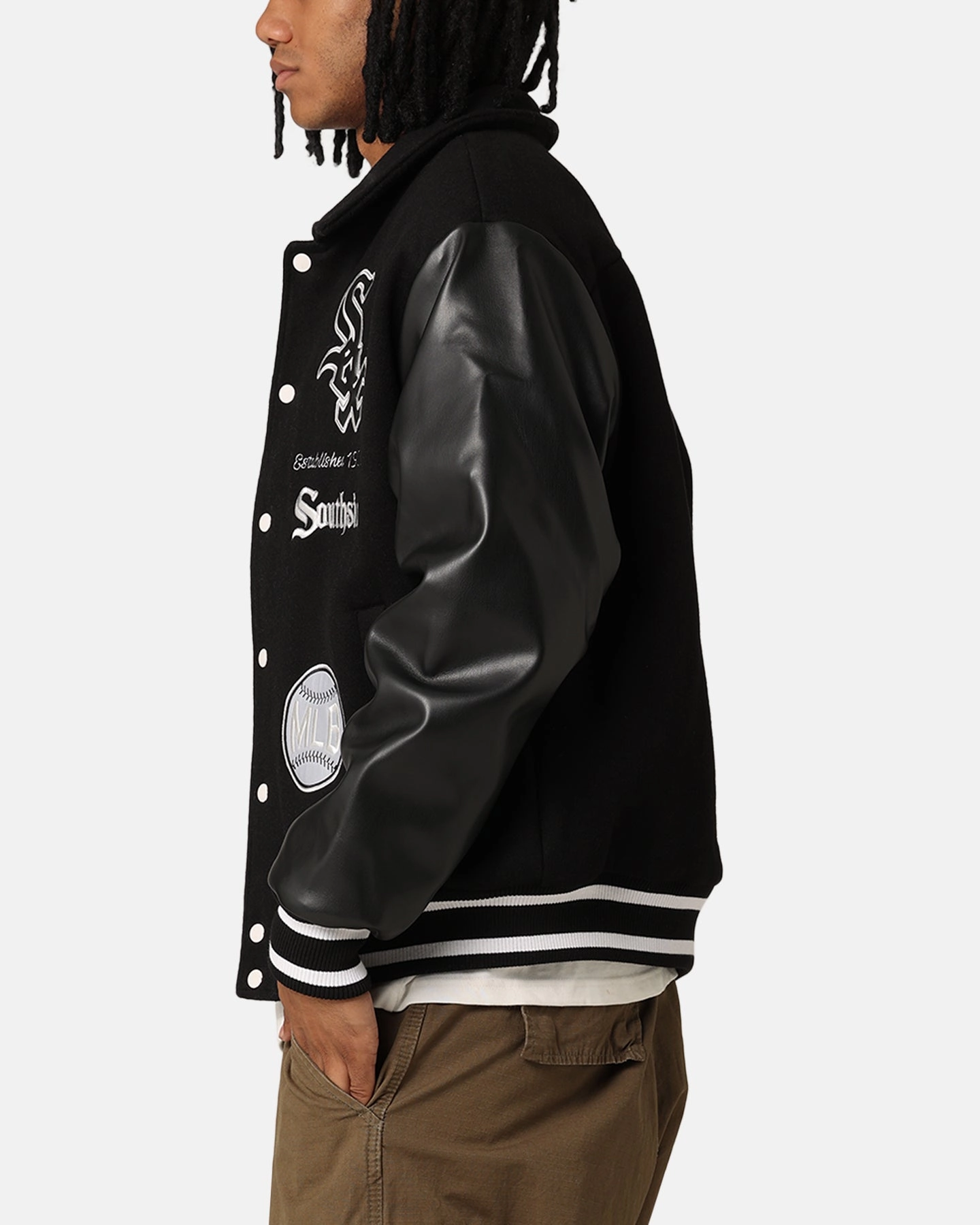 Majestic Athletic Chicago White Sox City PU Melton Letterman Jacket Faded Black sunny