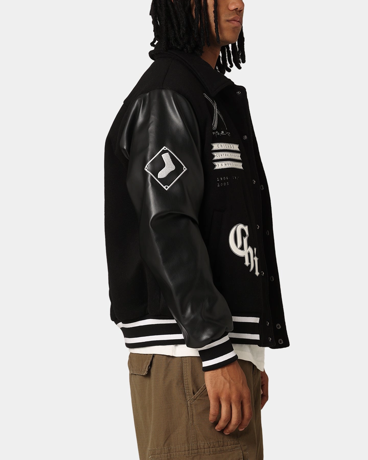 Double Stitched Edging Majestic Athletic Chicago White Sox City PU Melton Letterman Jacket Faded Black