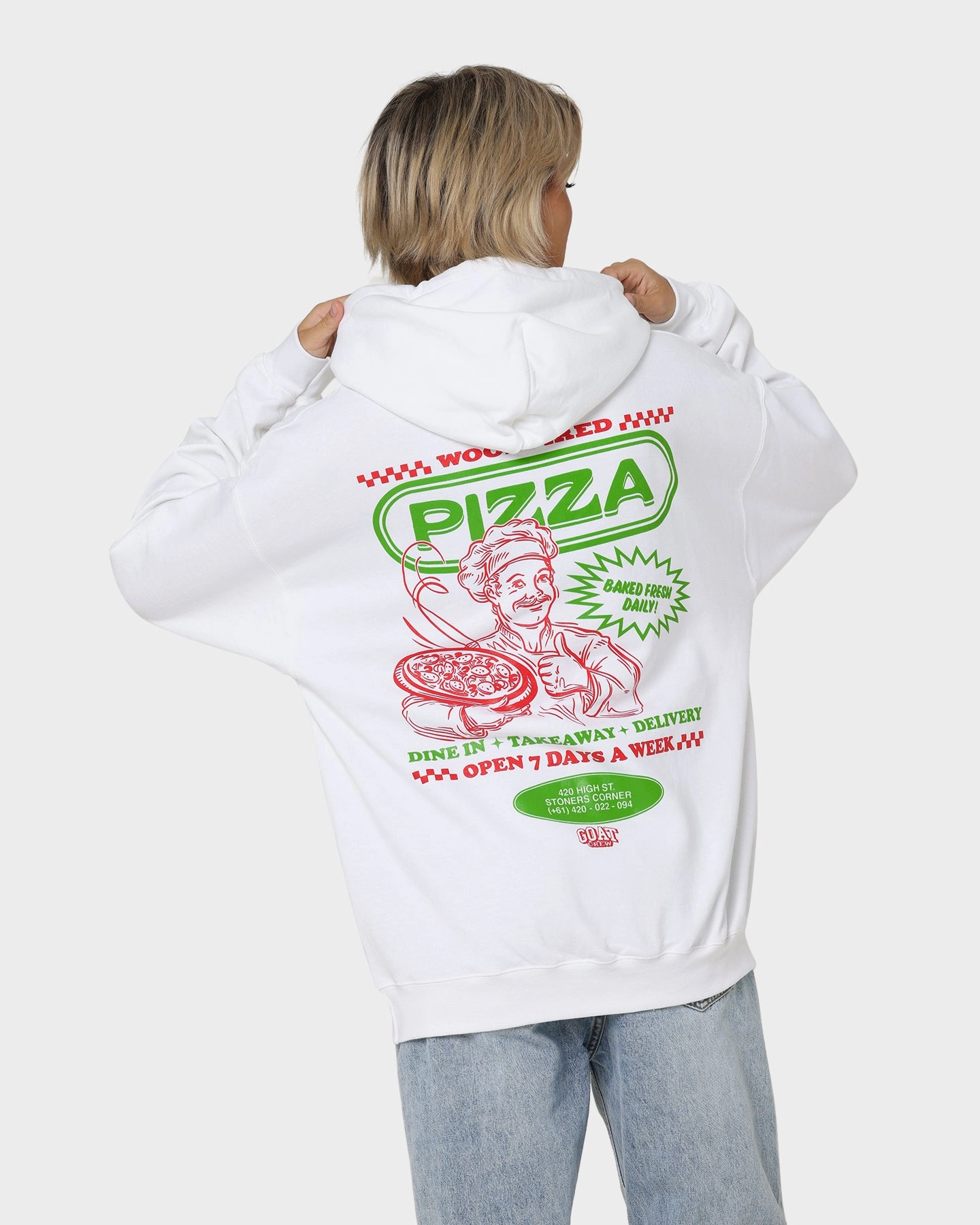 Protective Style YKK Zipper Goat Crew Pizza Shop Hoodie White