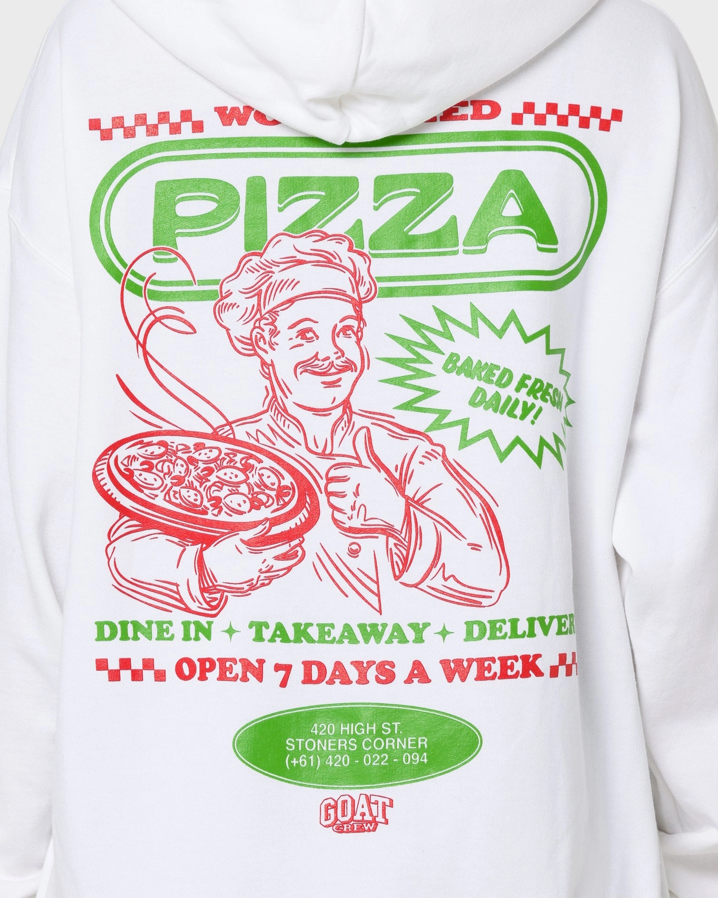 Goat Crew Pizza Shop Hoodie White Reflective Piping Adjustable Hood
