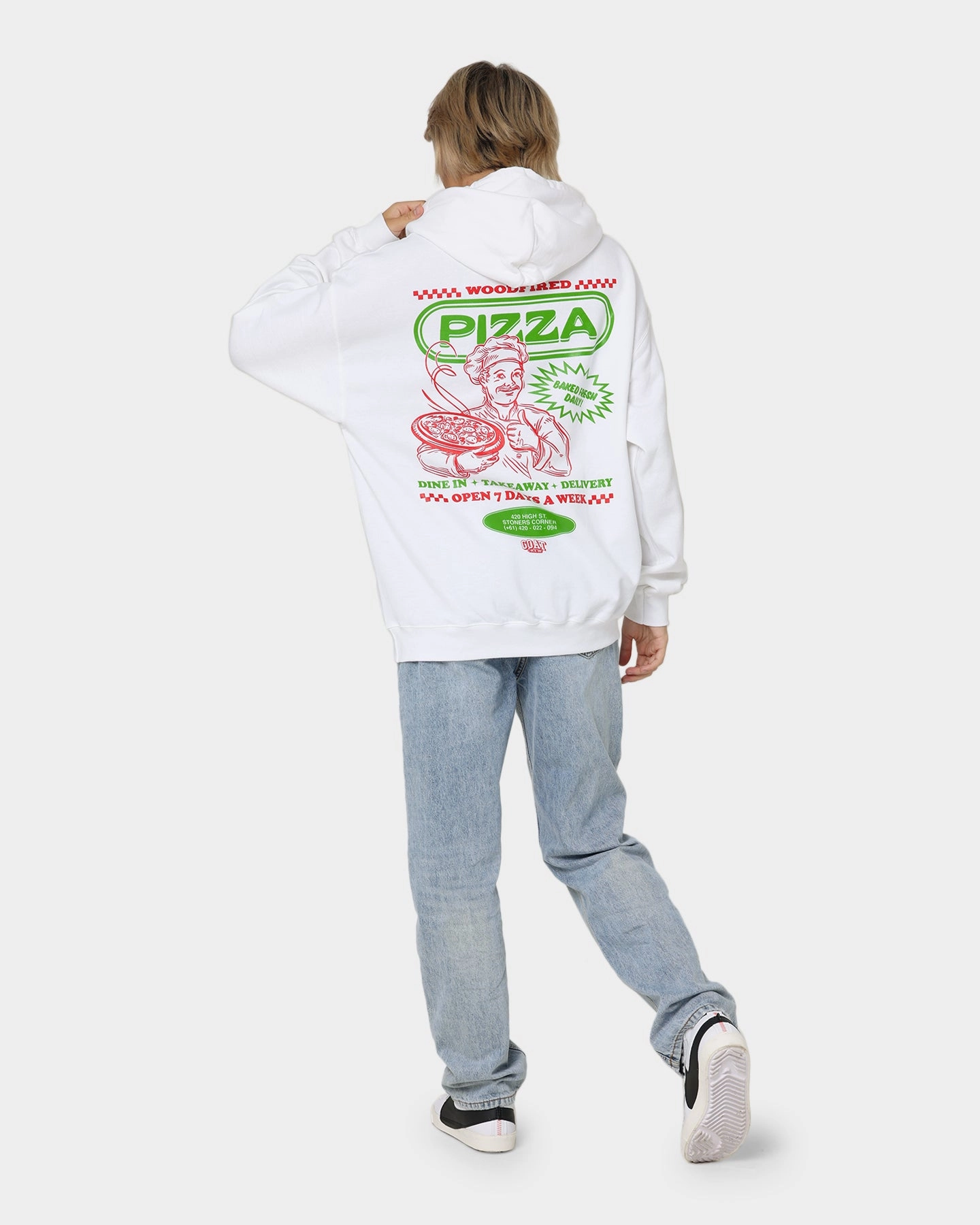 Bestow Goat Crew Pizza Shop Hoodie White