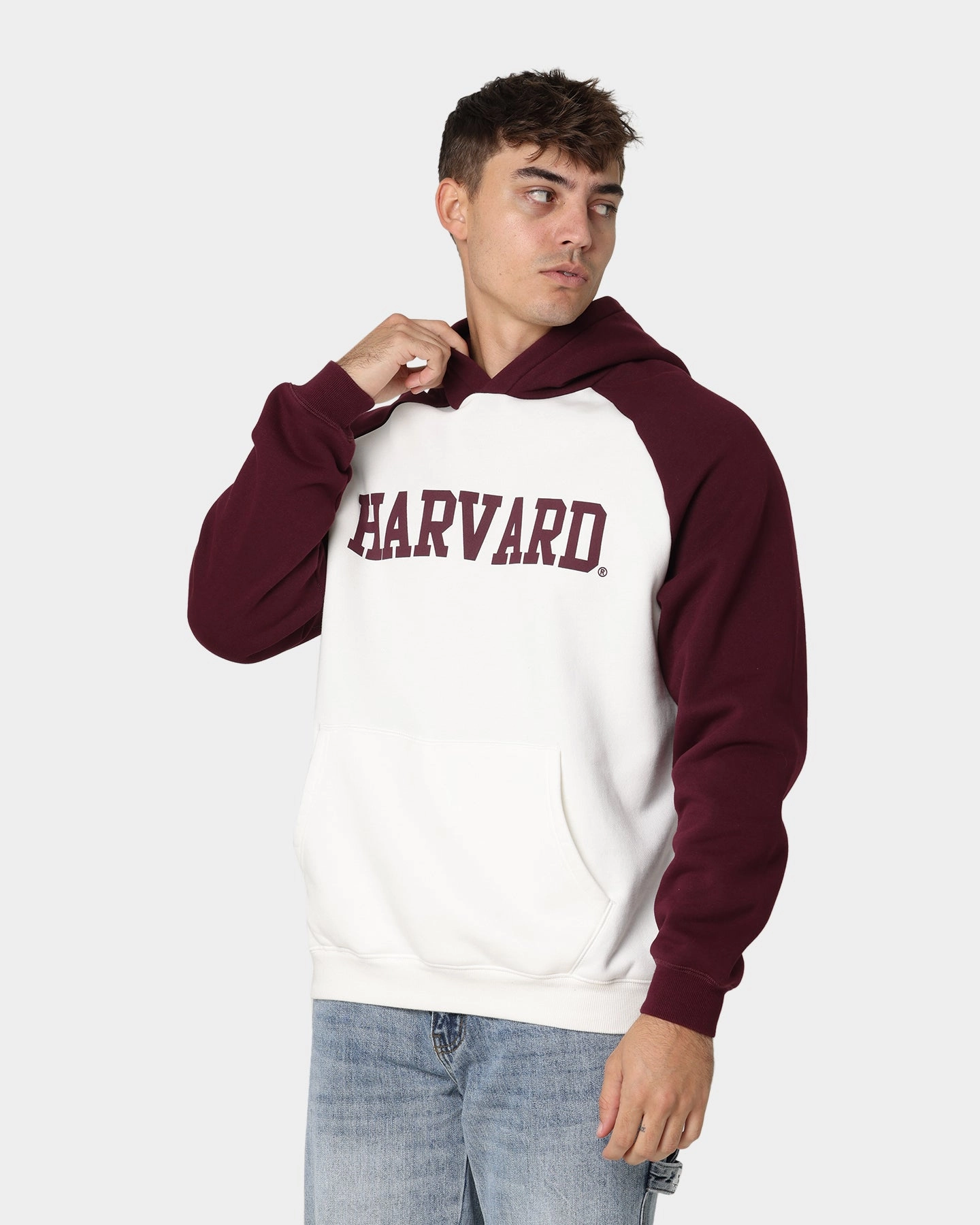New Year's Eve attire Outdoor Fashion National Collegiate Athletic Association Harvard Crimson Two Tone Raglan Hoodie Vintage White