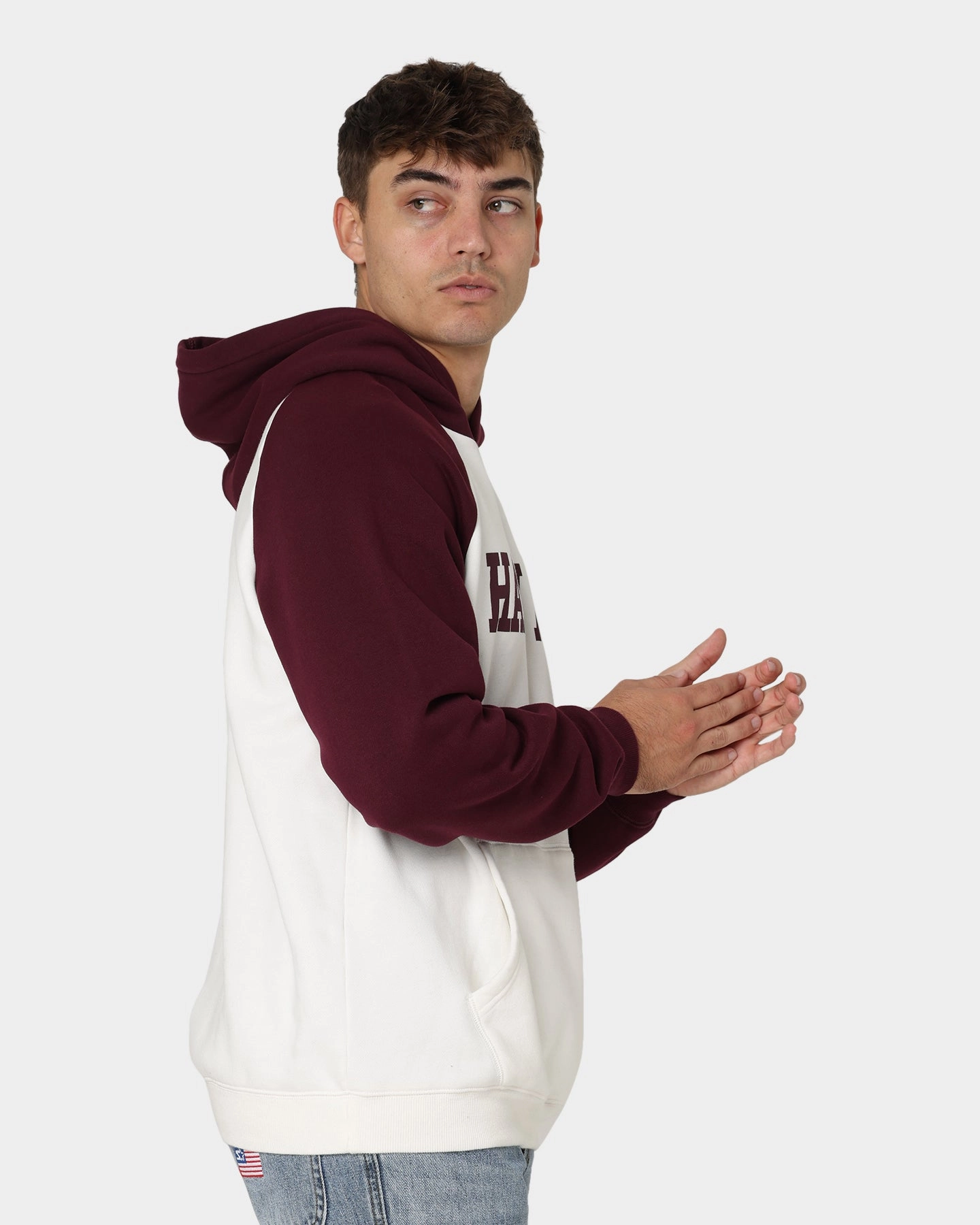 National Collegiate Athletic Association Harvard Crimson Two Tone Raglan Hoodie Vintage White Button