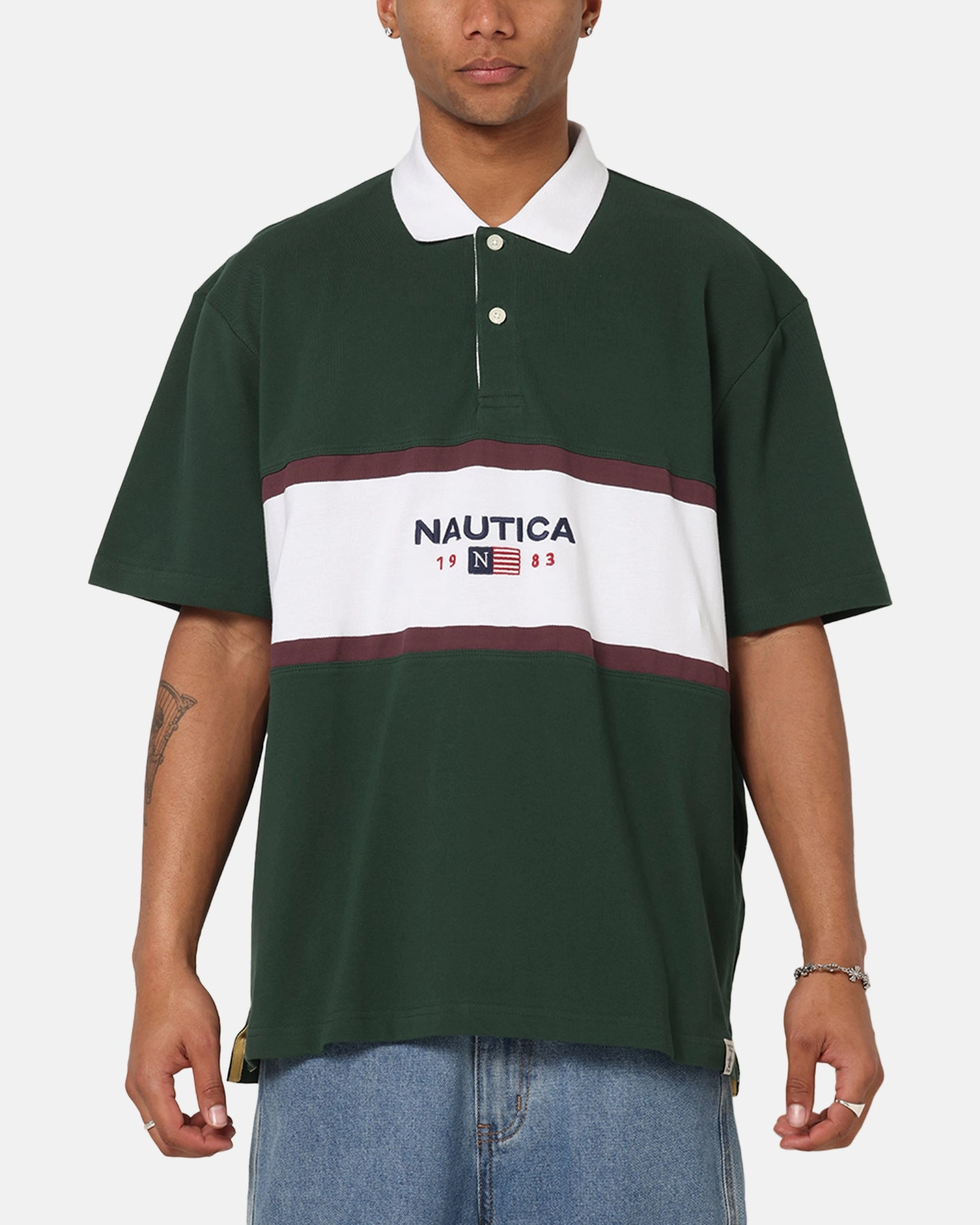Durable Double Stitching Summer Golf Nautica 83-Flag Block Polo T-Shirt Green/White