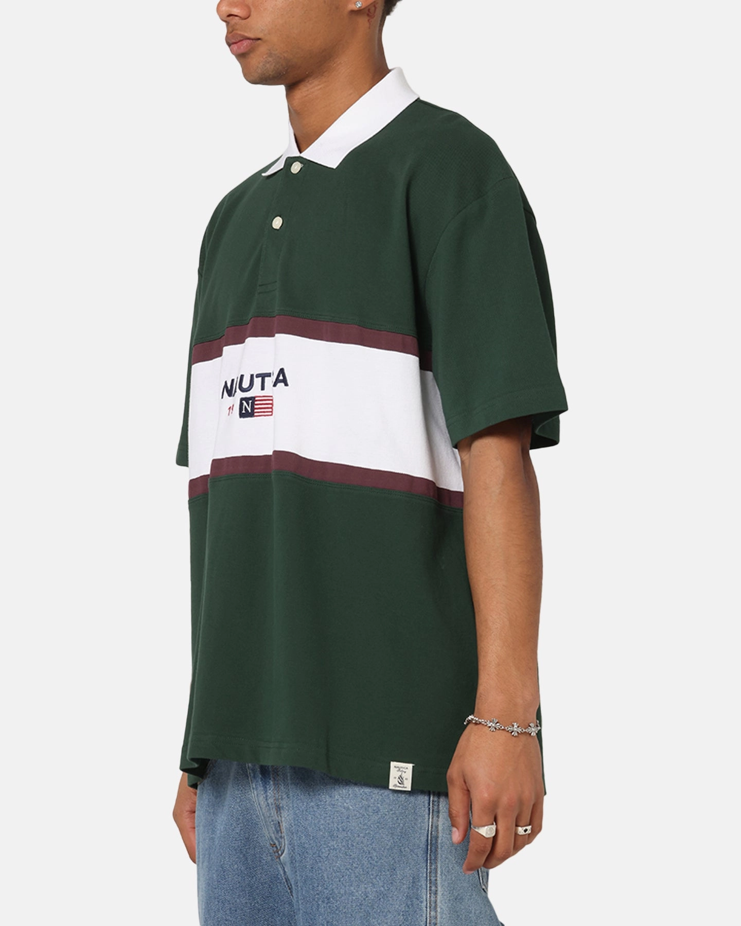 Nautica 83-Flag Block Polo T-Shirt Green/White Lightweight Comfort