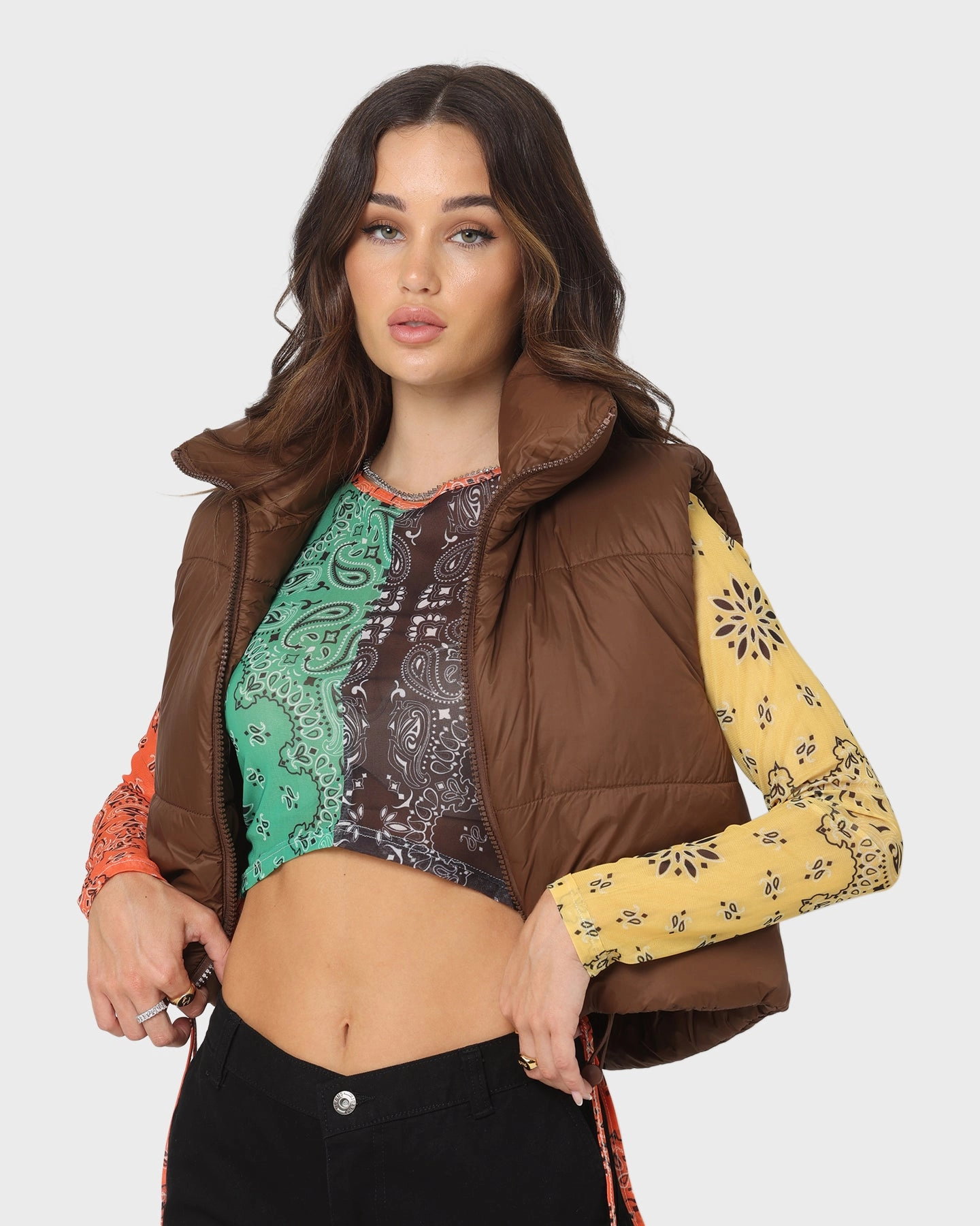 XXIII Women's Riya Puffer Vest Brown Checked