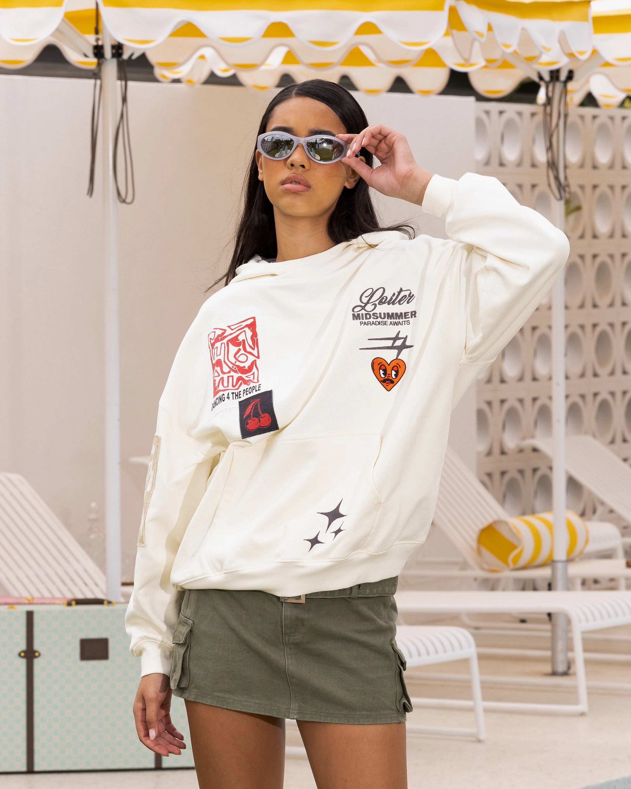 Loiter Patchwork Hoodie Off White Zipper Closure