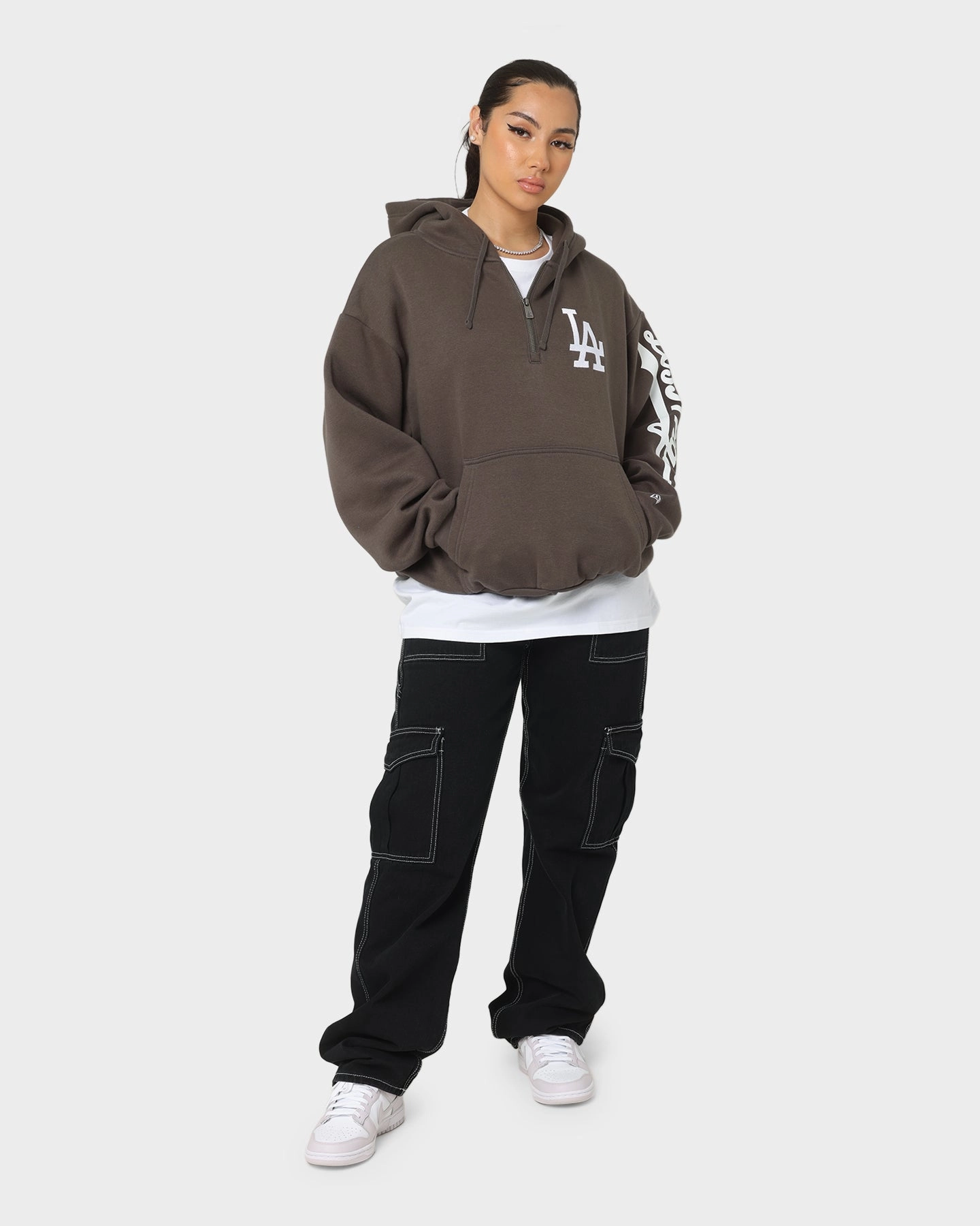 New Era Los Angeles Dodgers Quarter Zip Hoodie Moss Button