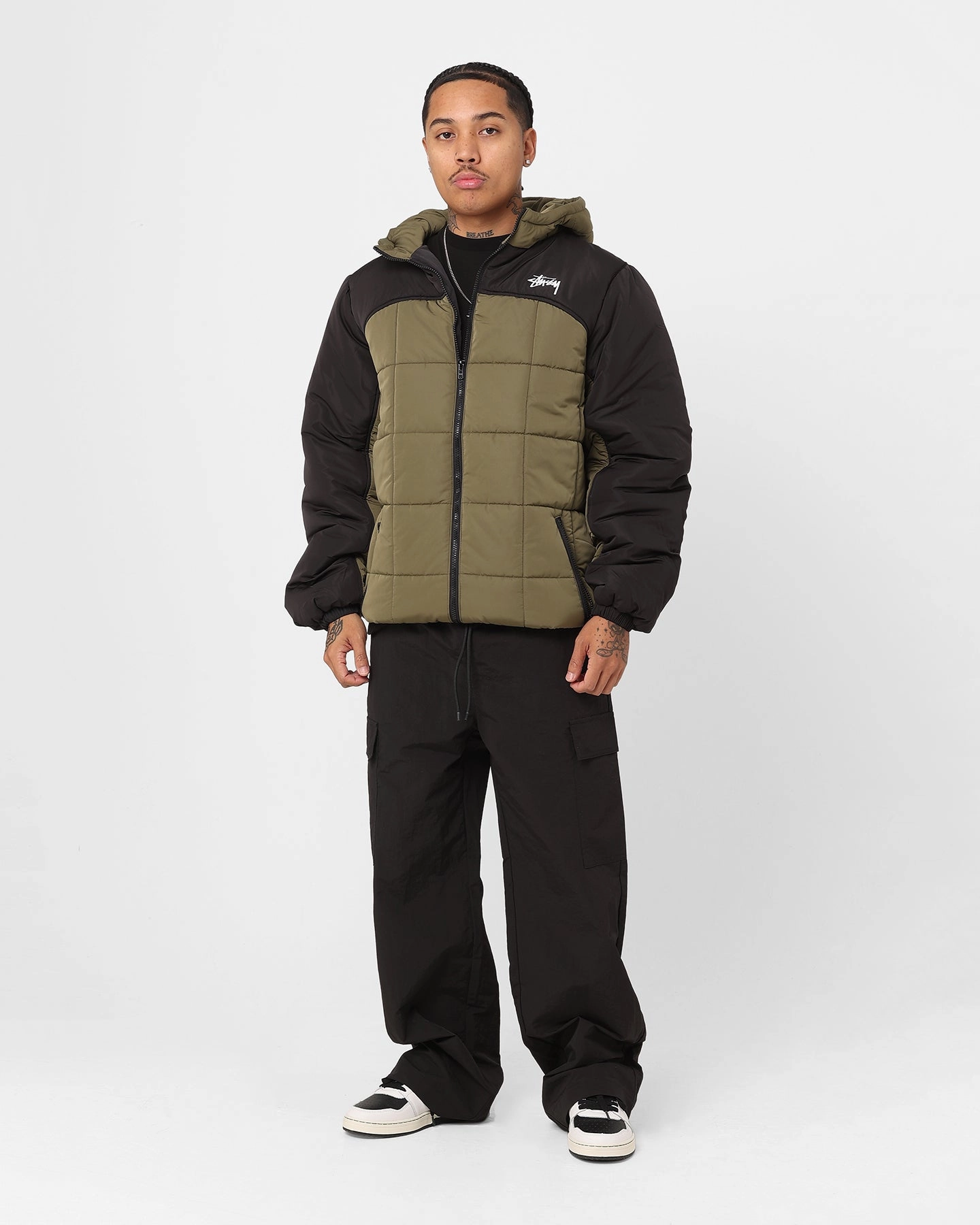 Stussy Hooded Square Puffa Jacket Khaki/Black Clue suitable for award ceremonies