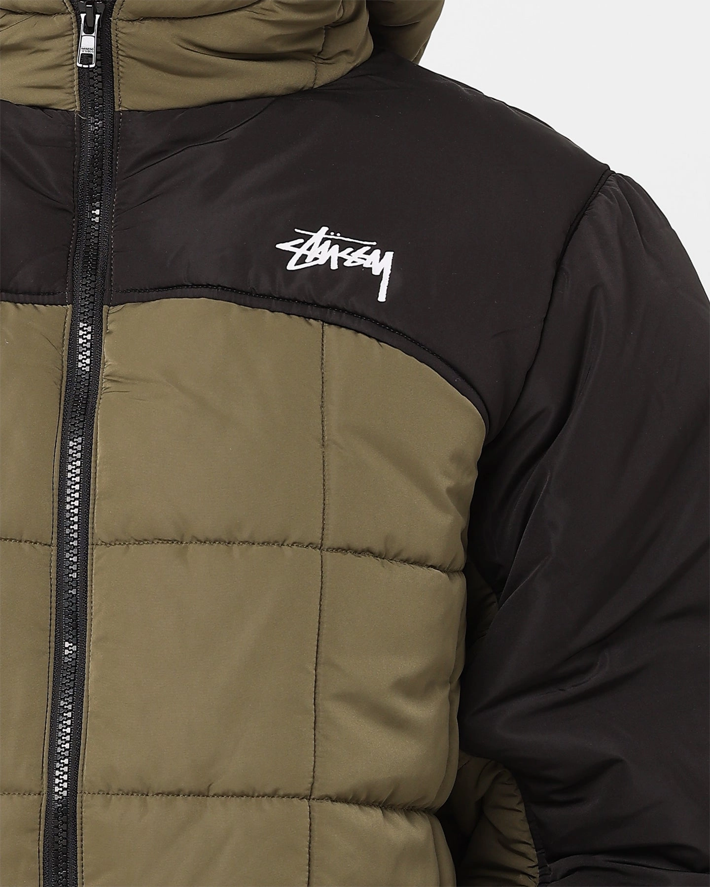Eco Friendly Textile Stussy Hooded Square Puffa Jacket Khaki/Black