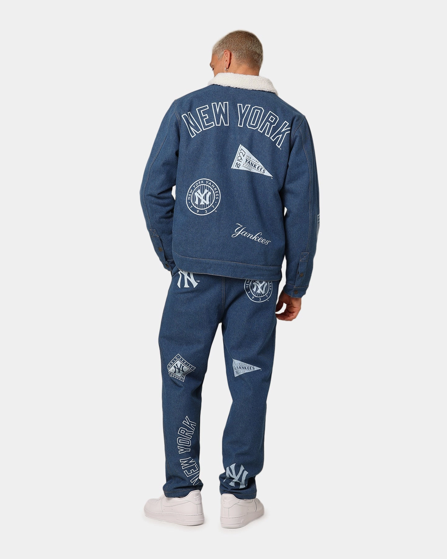 moonlight Oil Majestic Athletic New York Yankees Etched Denim Shacket Washed Blue Denim