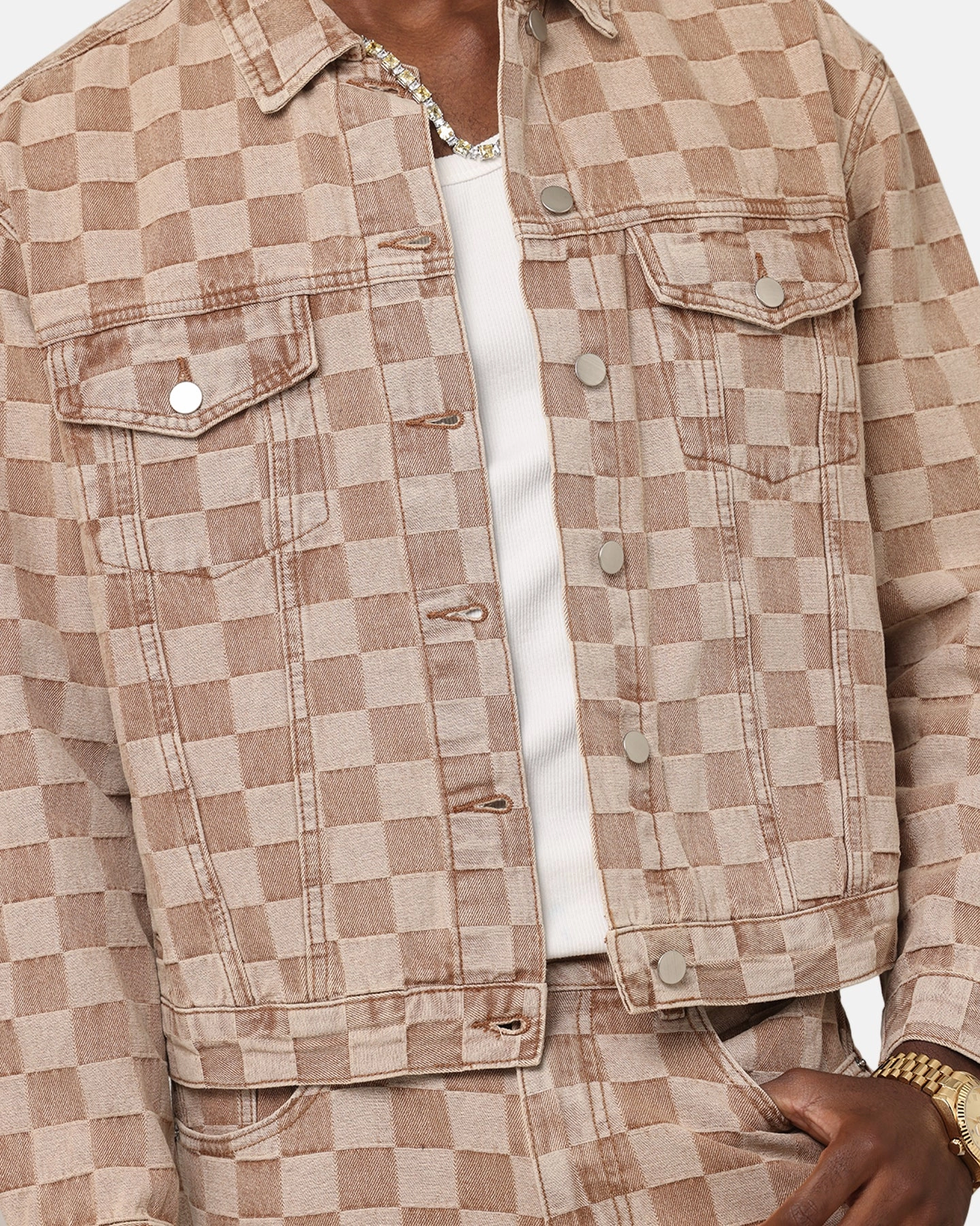 XXIII Checker Board Trucker Jacket Tan Double Stitched Edging