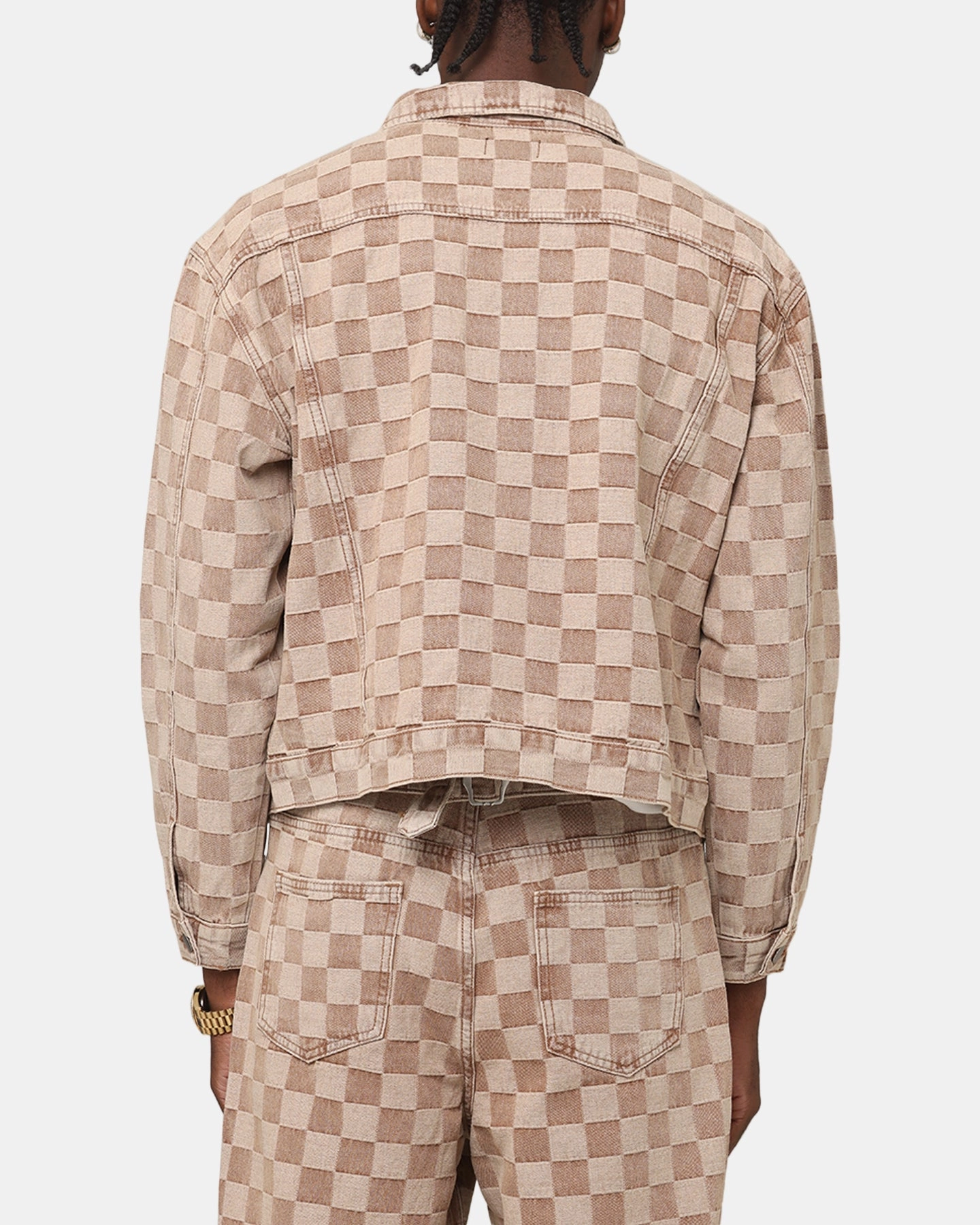 XXIII Checker Board Trucker Jacket Tan Unstructured Shoulder Cut Upgrade