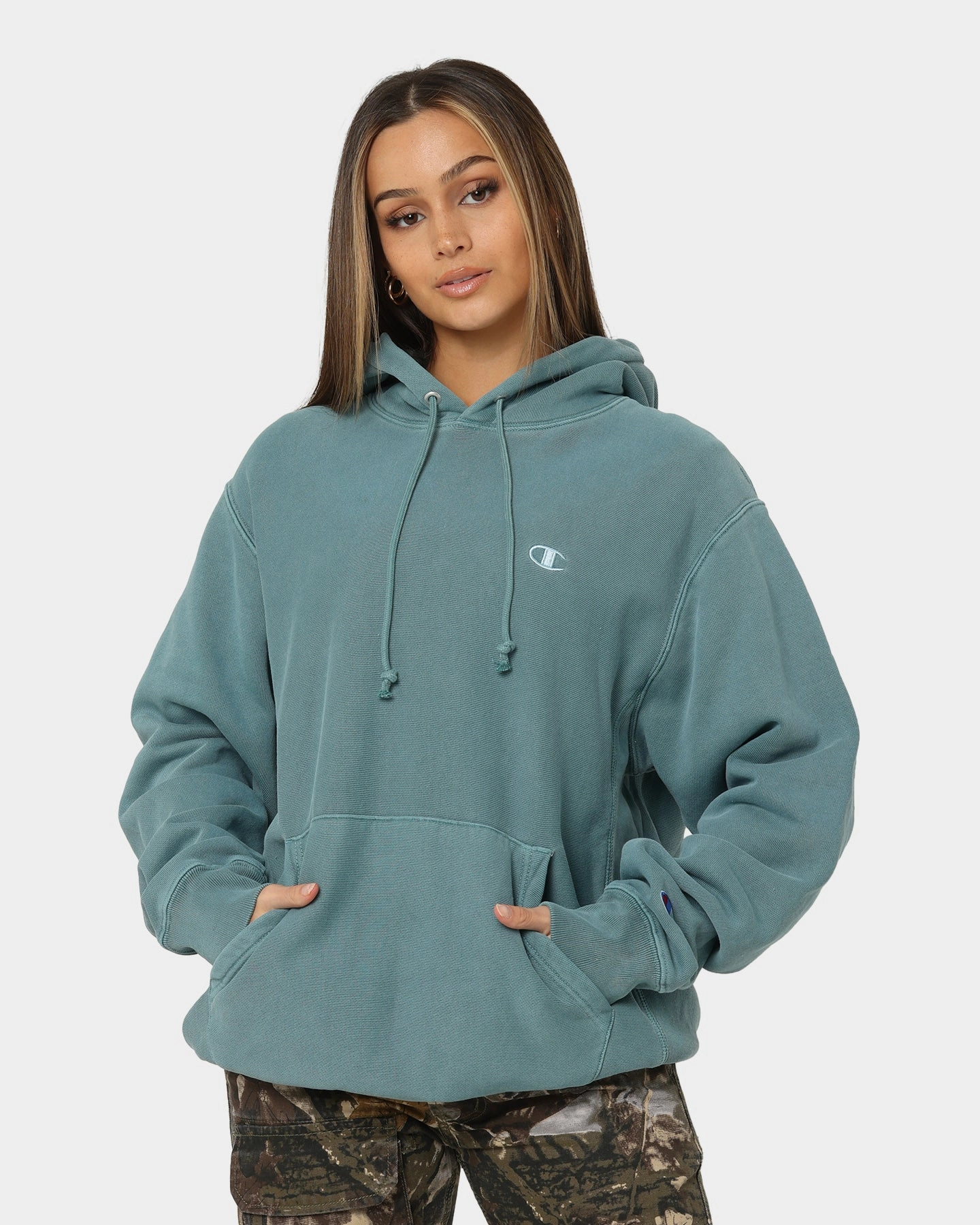 Champion Reverse Weave Garm Dye Hoodie Aqua Tonic Classic Fit Smooth Feel