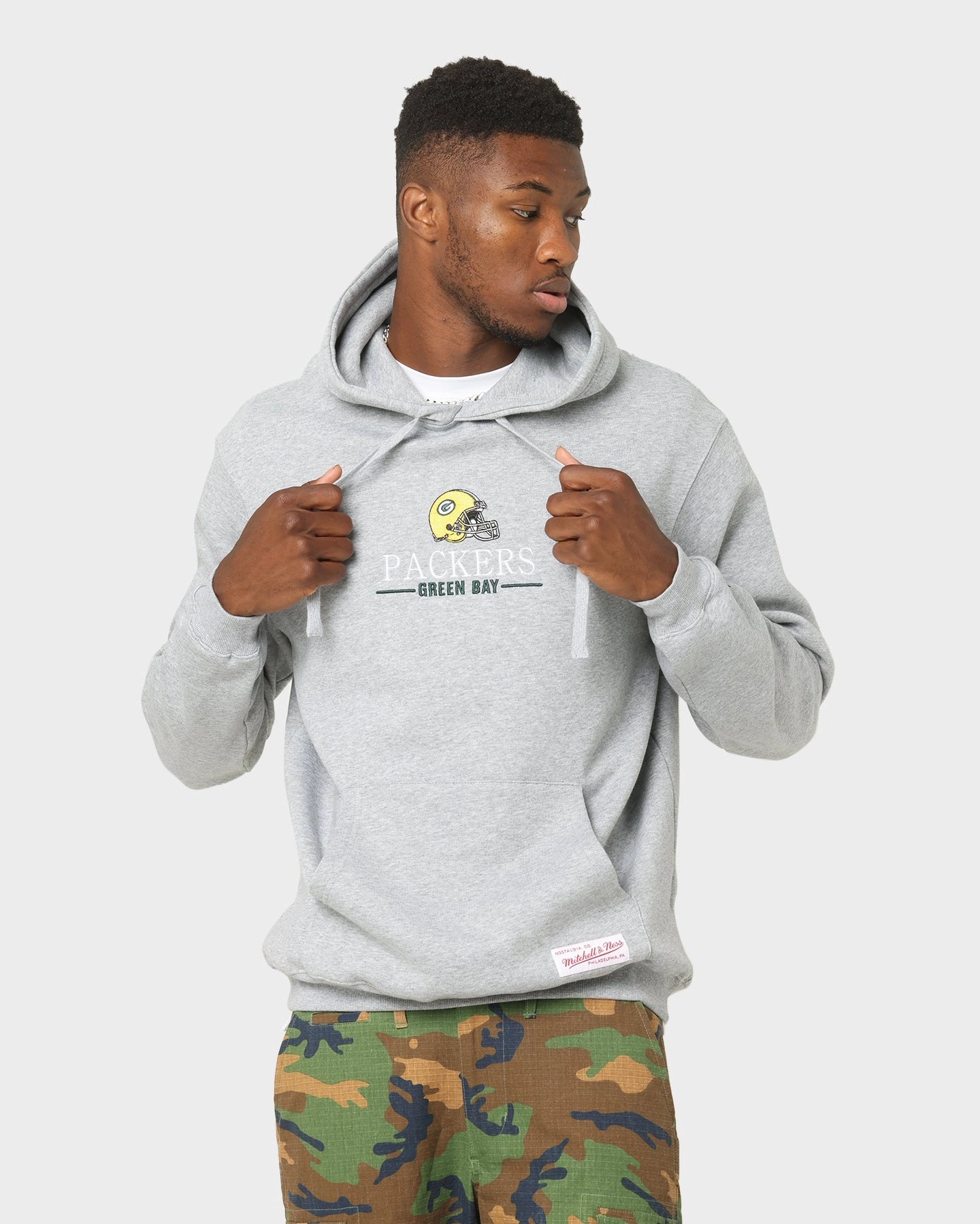 suitable for video shooting Mitchell & Ness Green Bay Packers Helmet Stack Hoodie Grey Marle