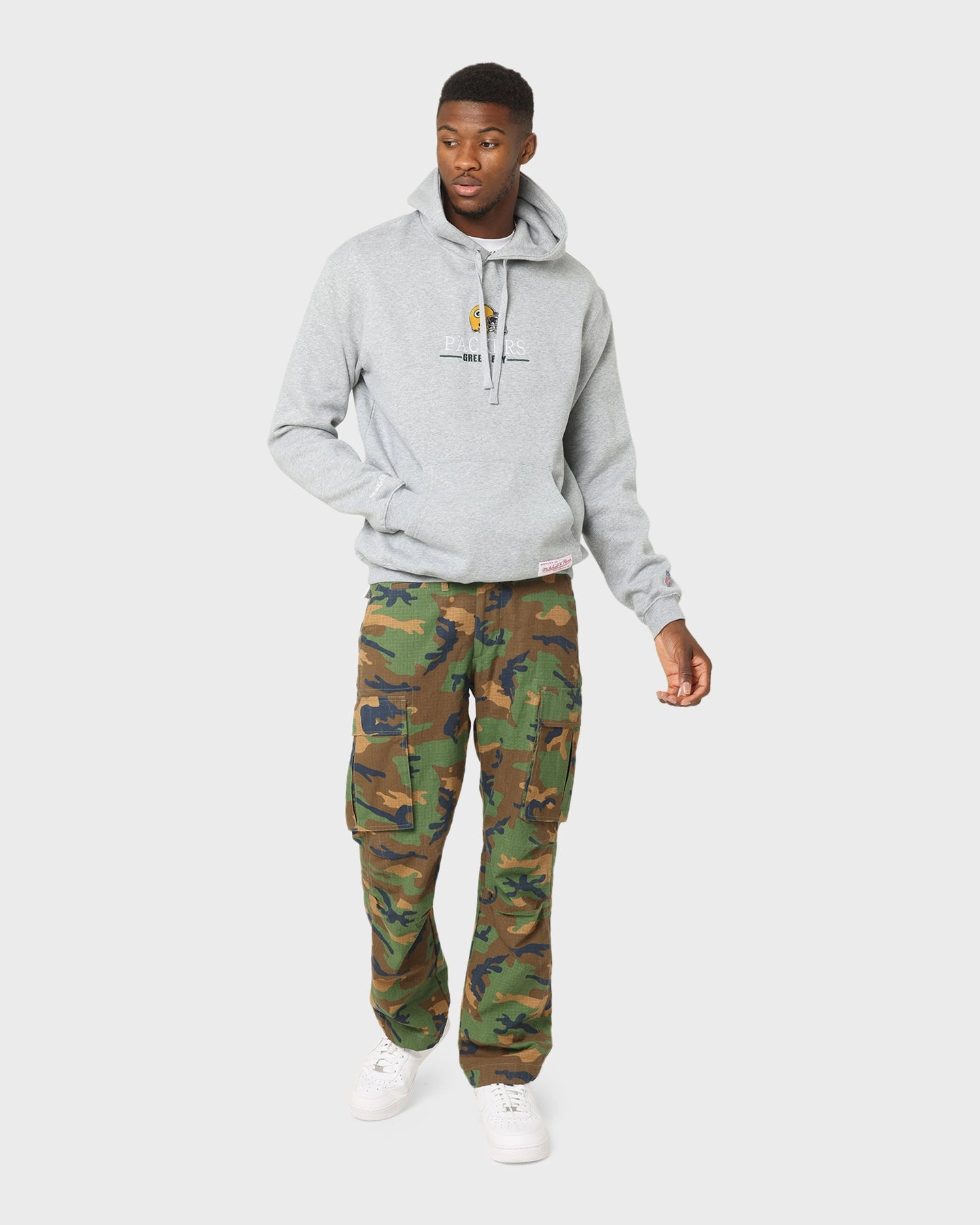 Mitchell & Ness Green Bay Packers Helmet Stack Hoodie Grey Marle traveler