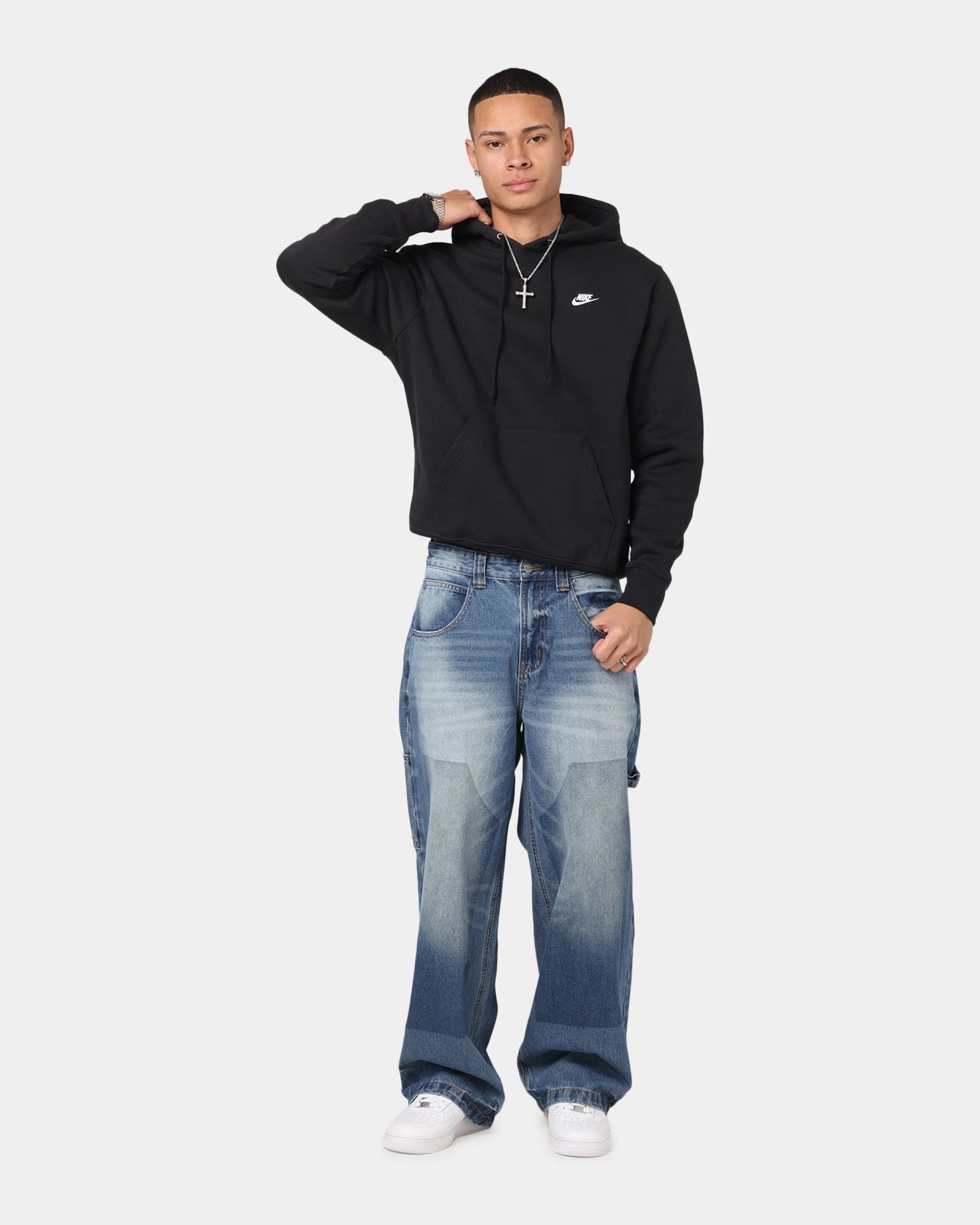 Nike Club Pullover Fleece Hoodie Black/Black/White Relaxed Comfort
