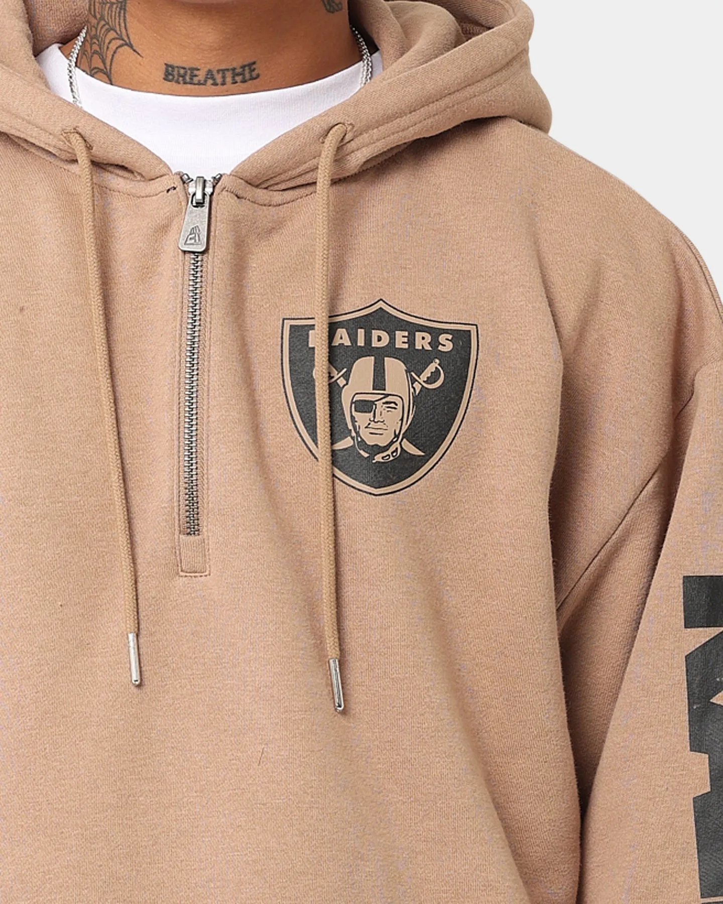 High-Performance Wear New Era Las Vegas Raiders Quarter Zip Sleeve Script Hoodie Khaki/Black