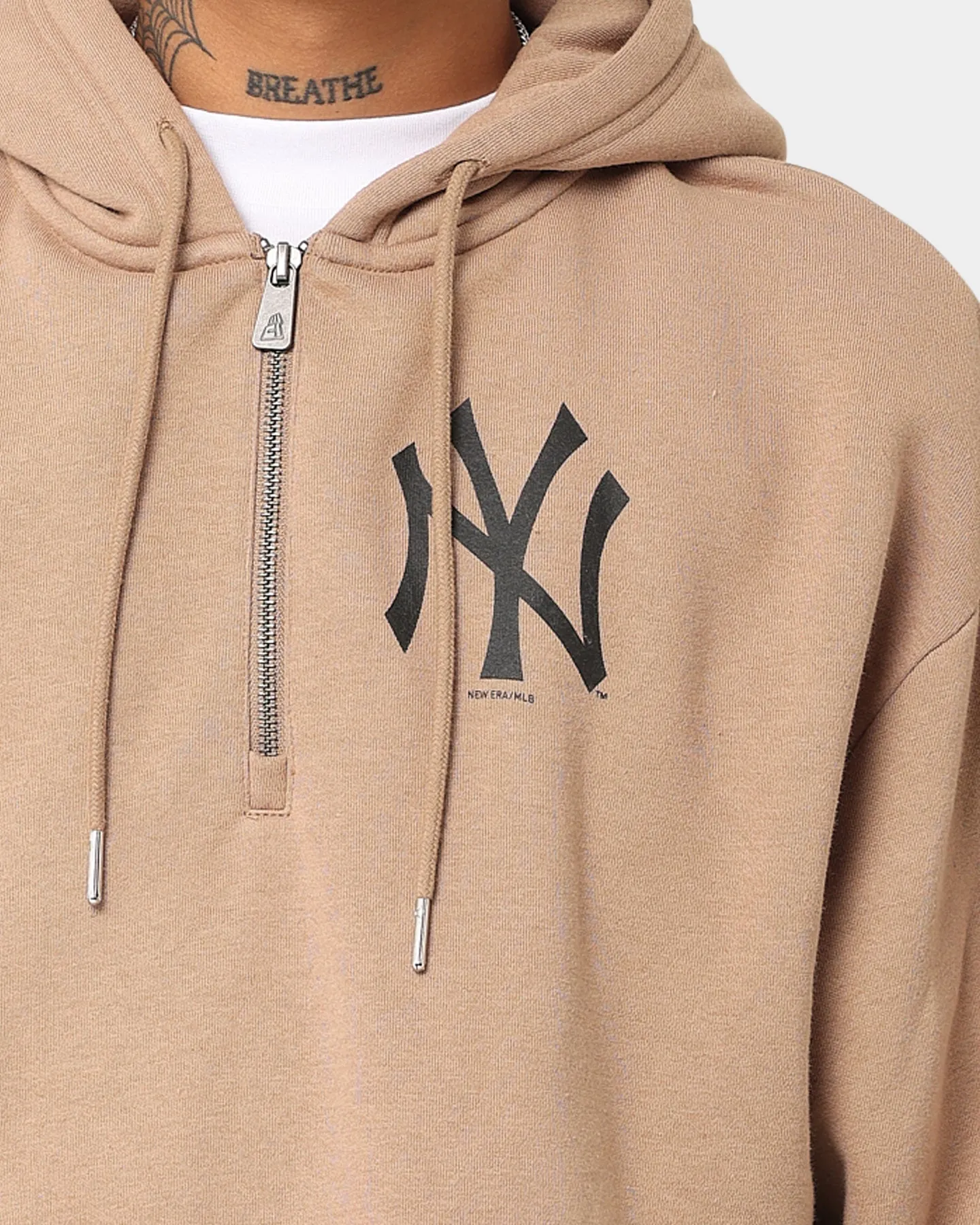 Eco - friendly nylon New Era New York Yankees Quarter Zip Sleeve Script Hoodie Khaki/Black