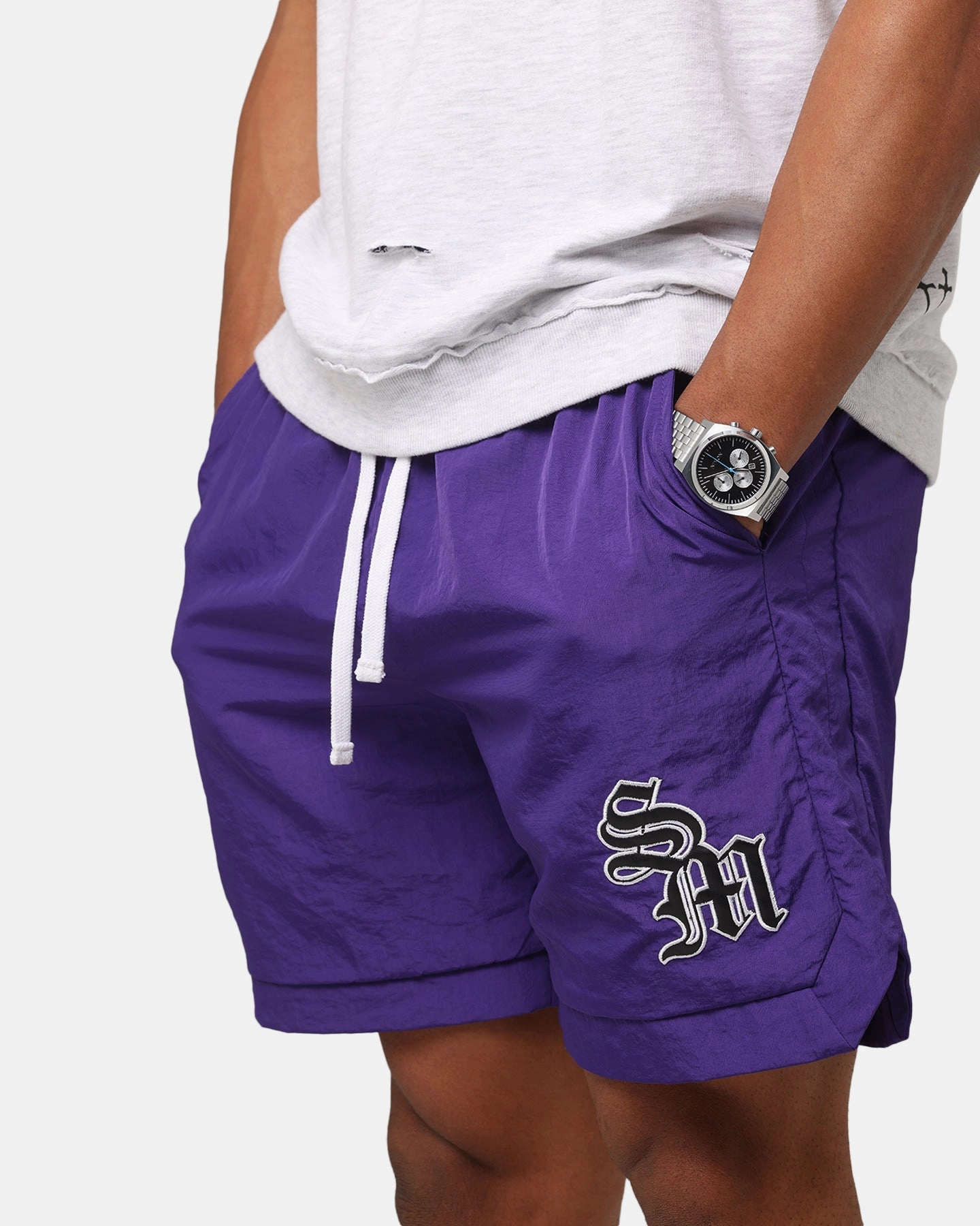 Clean Lines Saint Morta Gothic Monogram Nylon Shorts Purple