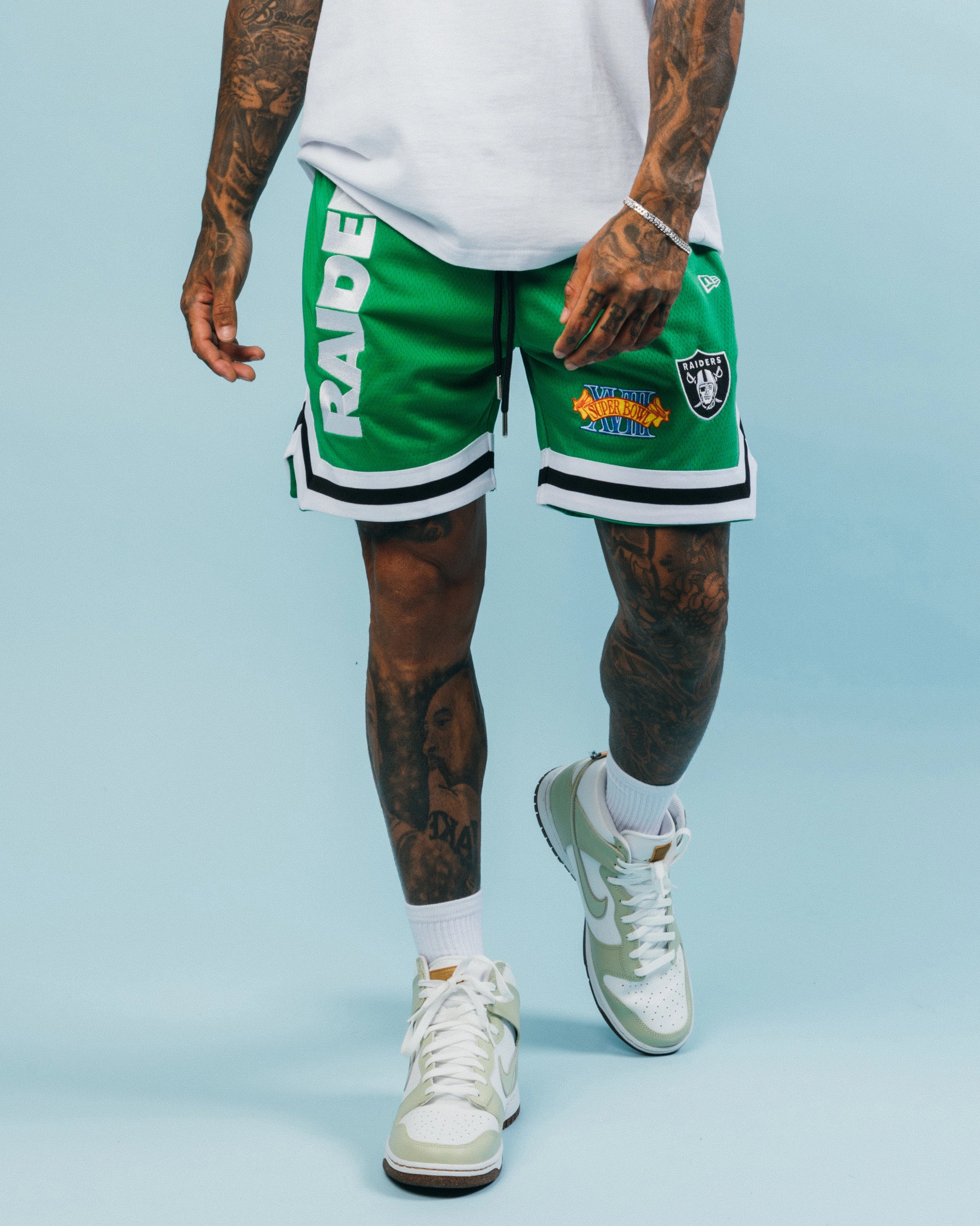 Adaptive Temperature Control New Era Las Vegas Raiders 'Tropical Punch Script Pack' Mesh Shorts Lucky Green