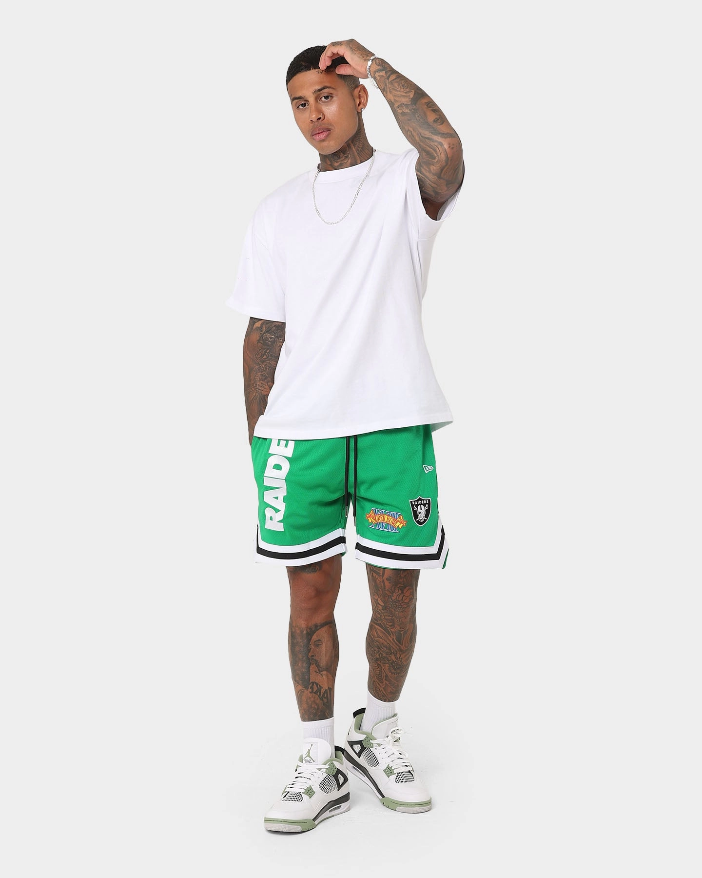 Flexible Gusset Design New Era Las Vegas Raiders 'Tropical Punch Script Pack' Mesh Shorts Lucky Green