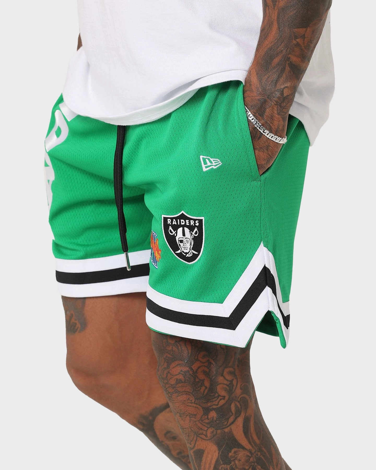 Trendy Vibe Wind Resistant Material New Era Las Vegas Raiders 'Tropical Punch Script Pack' Mesh Shorts Lucky Green