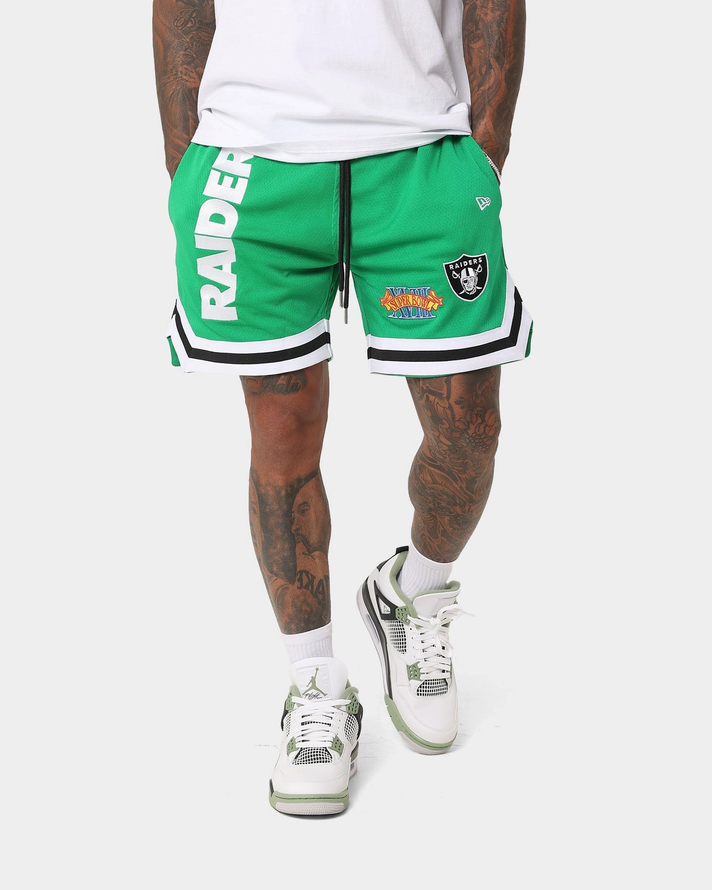 concert outfit New Era Las Vegas Raiders 'Tropical Punch Script Pack' Mesh Shorts Lucky Green
