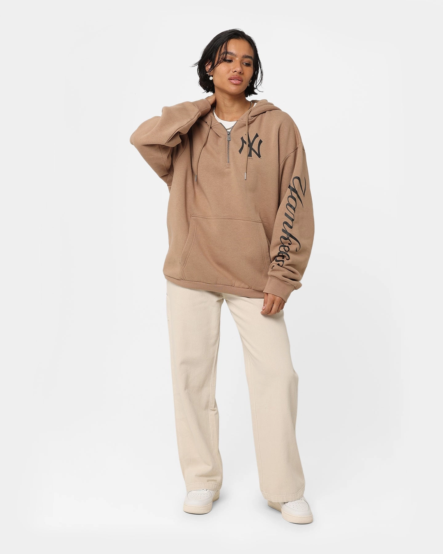 New Era New York Yankees Quarter Zip Sleeve Script Hoodie Khaki/Black Stylish Warmth