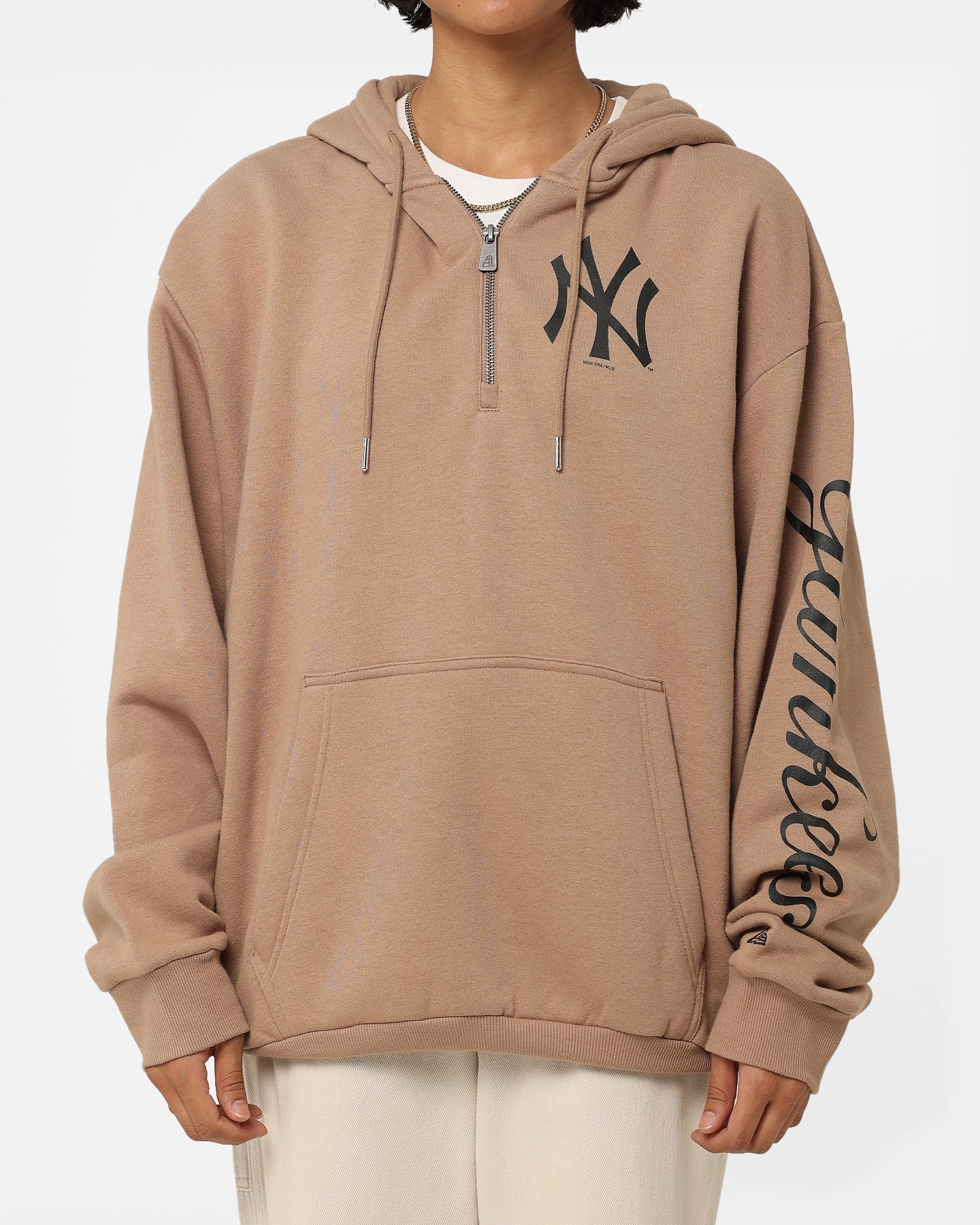 Rollaway Collar Feature LowProfile Seam Design New Era New York Yankees Quarter Zip Sleeve Script Hoodie Khaki/Black