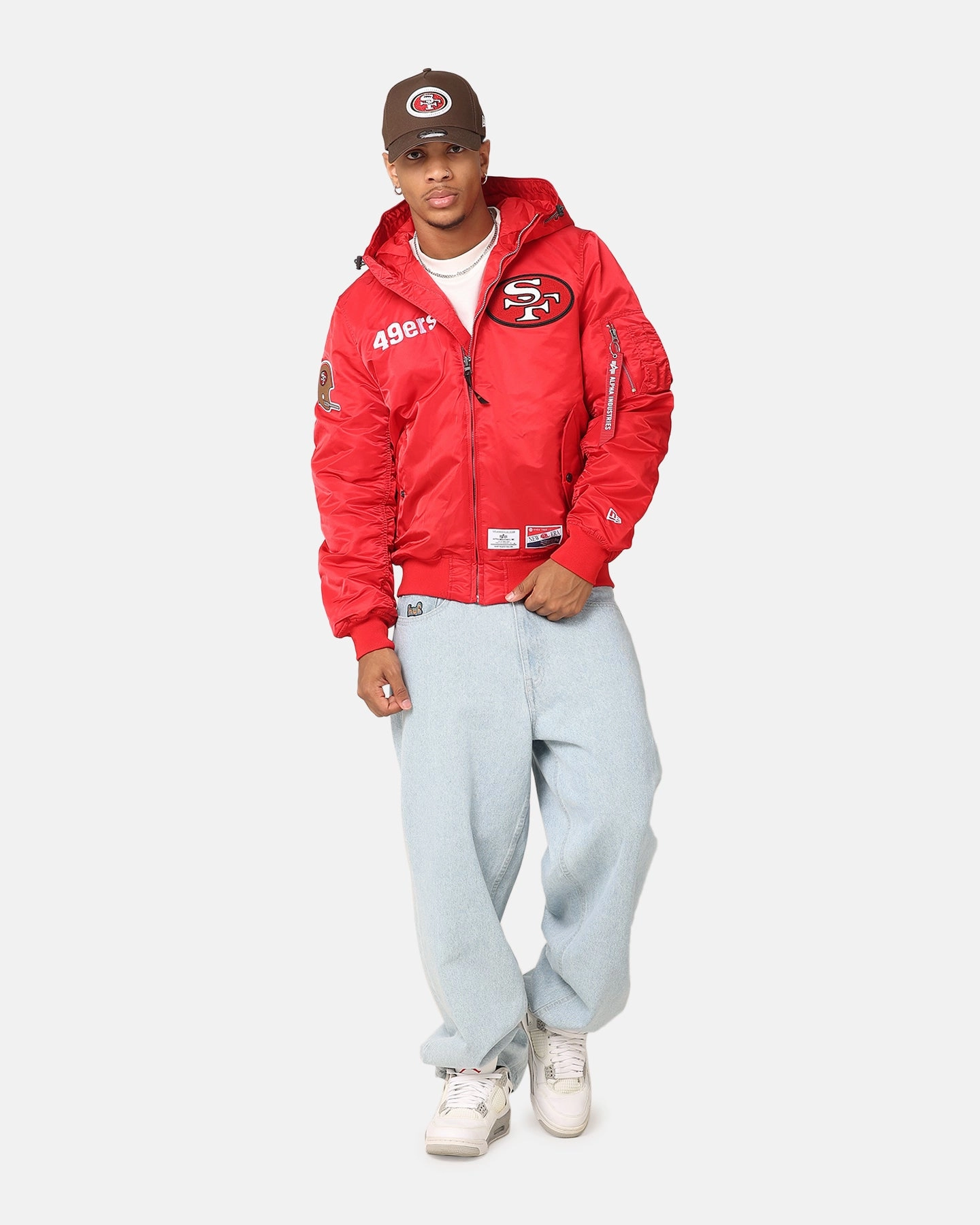 Cozy Design Street Fashion New Era San Francisco 49ers Alpha Industries L-2B Hooded Bomber Jacket Red